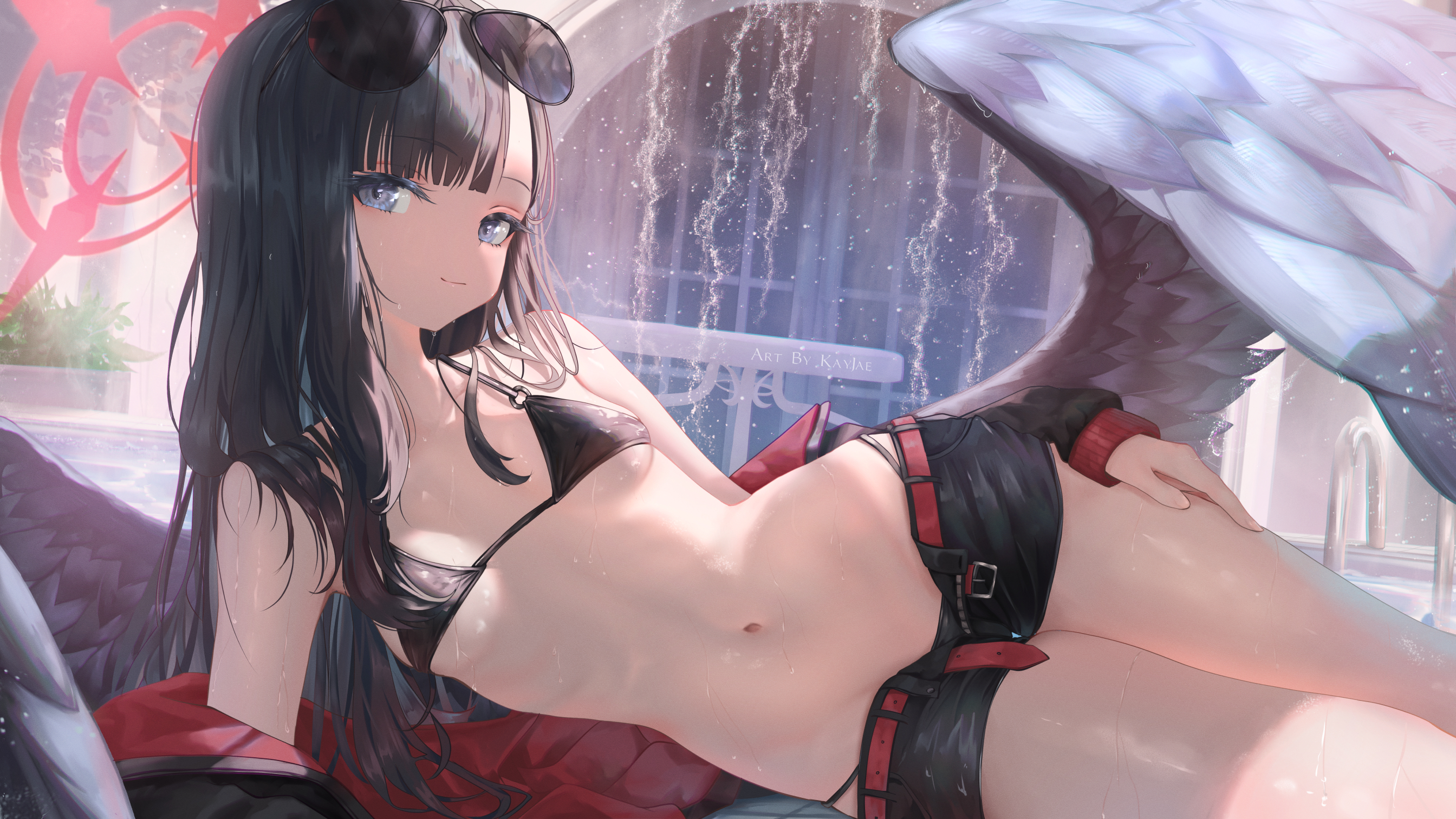kayjae, ichika (blue archive), ichika (swimsuit) (blue archive), blue archive, highres, 1girl, bare shoulders, belt, bikini, bikini under shorts, black bikini, black hair, black jacket, black shorts, black wings, blue eyes, breasts, closed mouth, eyewear on head, feathered wings, halo, jacket, long hair, looking at viewer, low wings, lying, navel, o-ring, o-ring bikini, o-ring top, off shoulder, official alternate costume, open clothes, open shorts, red belt, red halo, shorts, small breasts, smile, solo, stomach, sunglasses, swimsuit, unusually open eyes, wet, wings