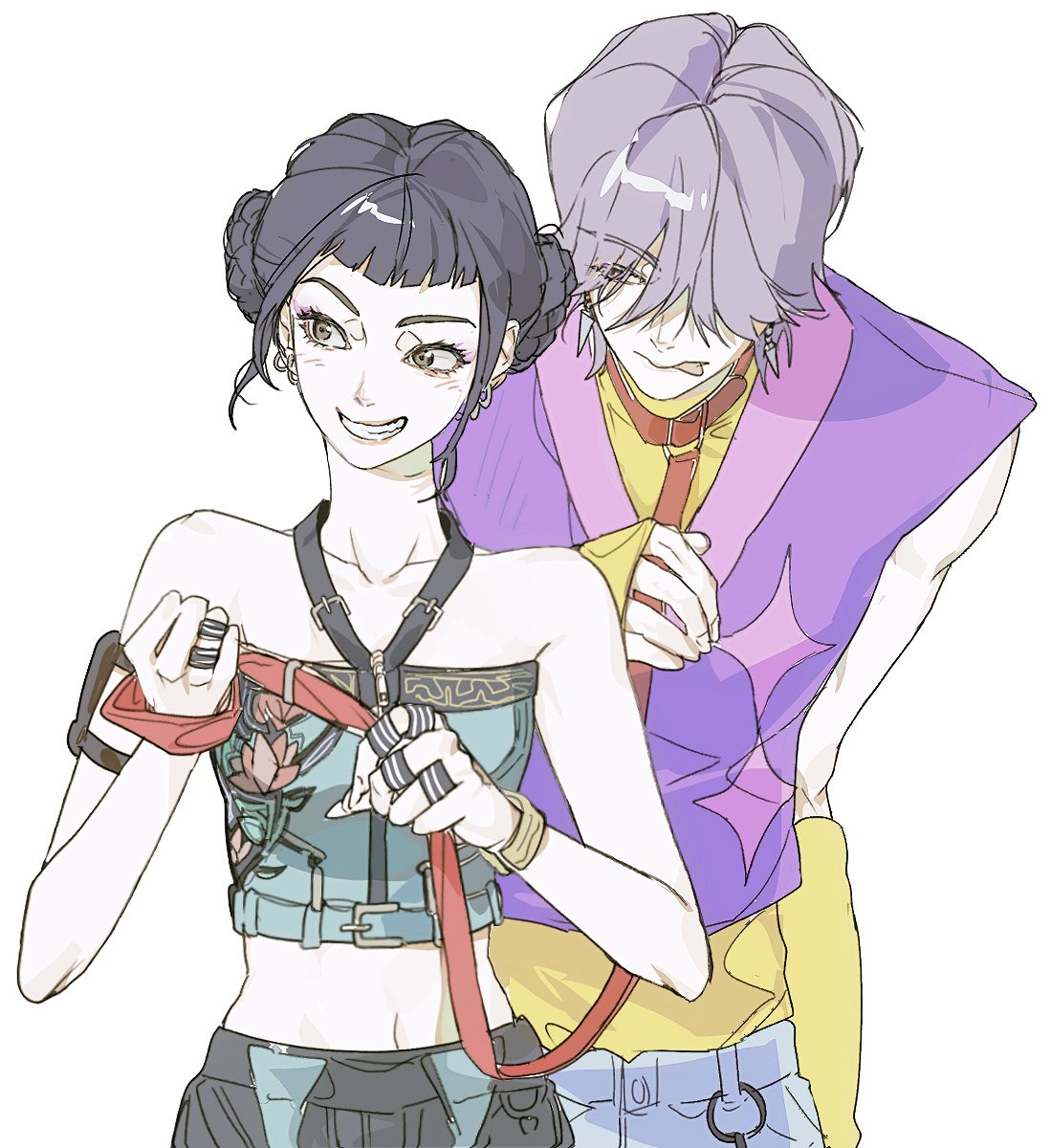 mystery (kpop demon hunter), zoey (kpop demon hunters), kpop demon hunters, 1boy, 1girl, black hair, crop top, grey eyes, hair over one eye, leash, purple hair, ruvu3u, simple background, smile, tongue, white background