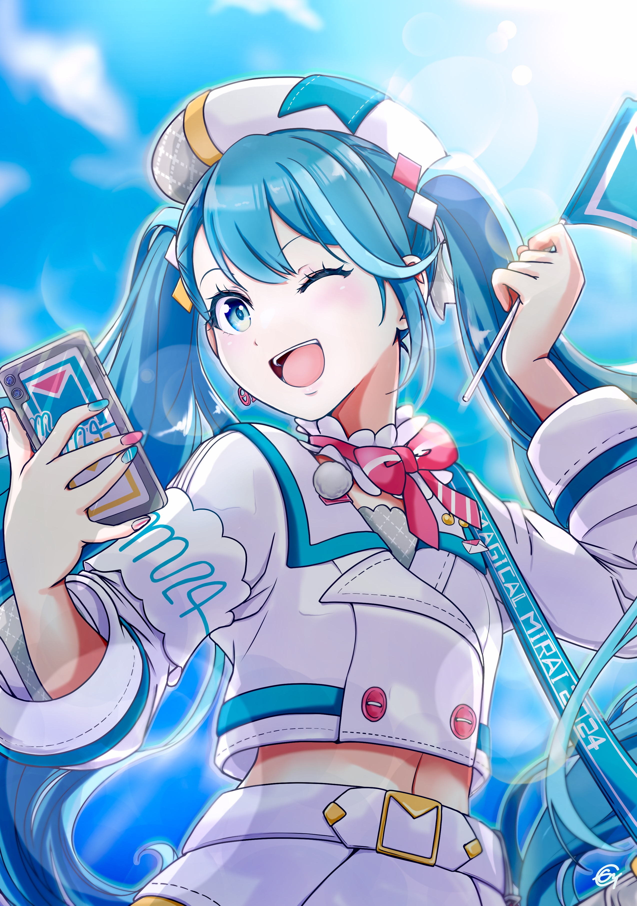 dec madoka, hatsune miku, magical mirai miku, magical mirai miku (2024), magical mirai (vocaloid), vocaloid, absurdres, highres, 1girl, aqua eyes, aqua hair, aqua nails, belt, beret, blush, bow, bowtie, cropped jacket, flag, hat, holding, holding flag, holding phone, jacket, long hair, long sleeves, midriff, navel, official alternate costume, official alternate hairstyle, one eye closed, open mouth, phone, pink bow, pink bowtie, pink nails, smile, solo, twintails, very long hair, white belt, white hat, white jacket