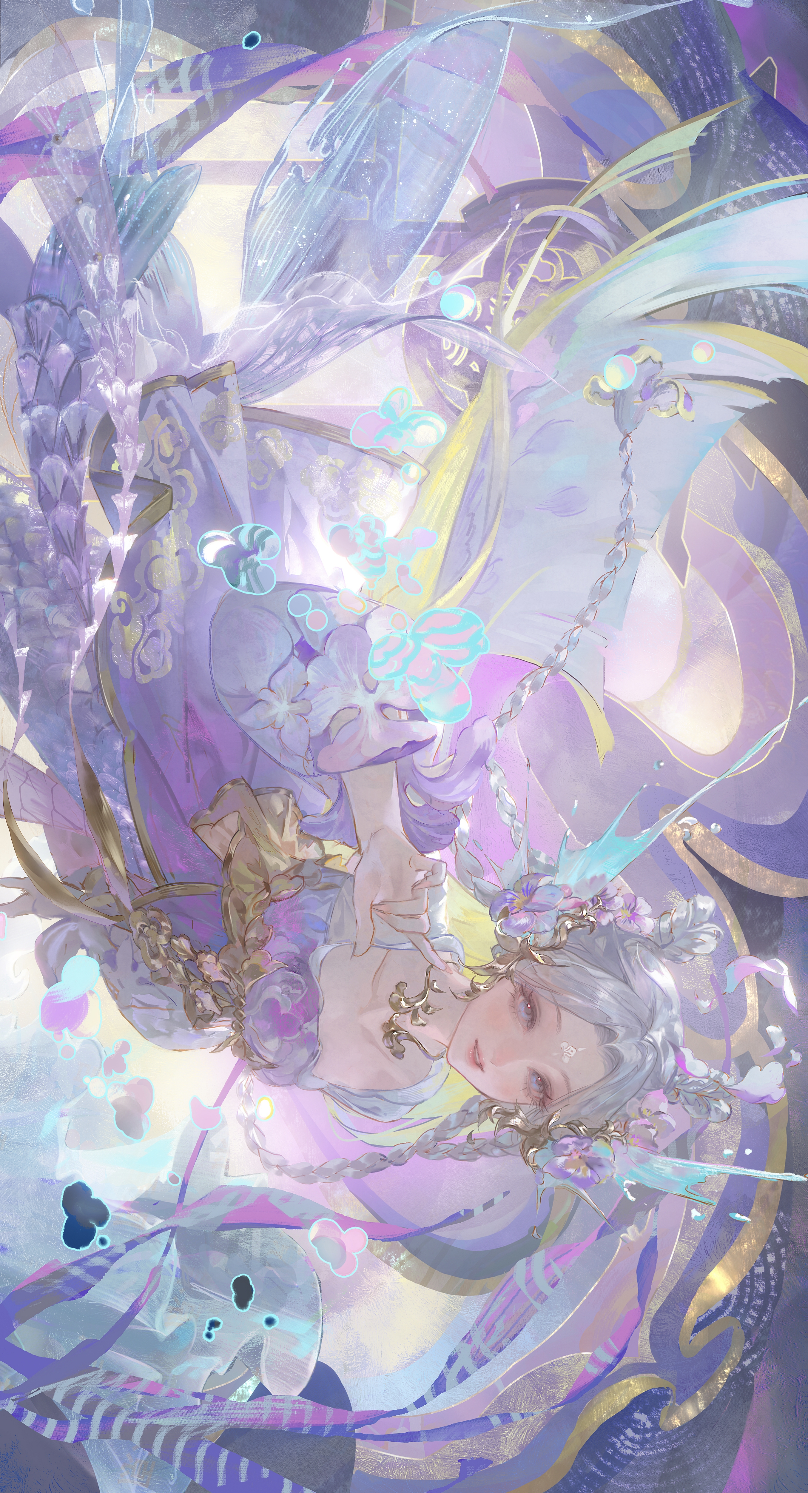 wangzhe rongyao, absurdres, character request, highres, 1girl, abstract background, closed mouth, collarbone, detached sleeves, eyelashes, fins, fish tail, full body, gold necklace, grey hair, hair bun, happy, head fins, jewelry, lipstick, long sleeves, makeup, mermaid, monster girl, necklace, purple eyes, purple hanfu, purple sleeves, purple tail, red lips, short hair, sideways glance, single hair bun, smile, solo, strapless, tail, updo, wide sleeves, yuanjun
