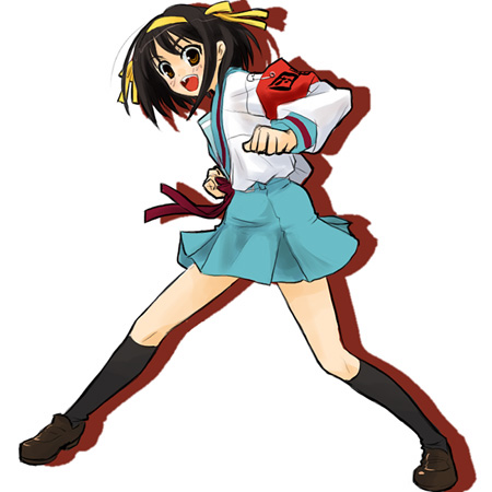 takano saki, suzumiya haruhi, suzumiya haruhi no yuuutsu, lowres, 00s, armband, brown hair, kneehighs, school uniform, serafuku, short hair, socks, solo