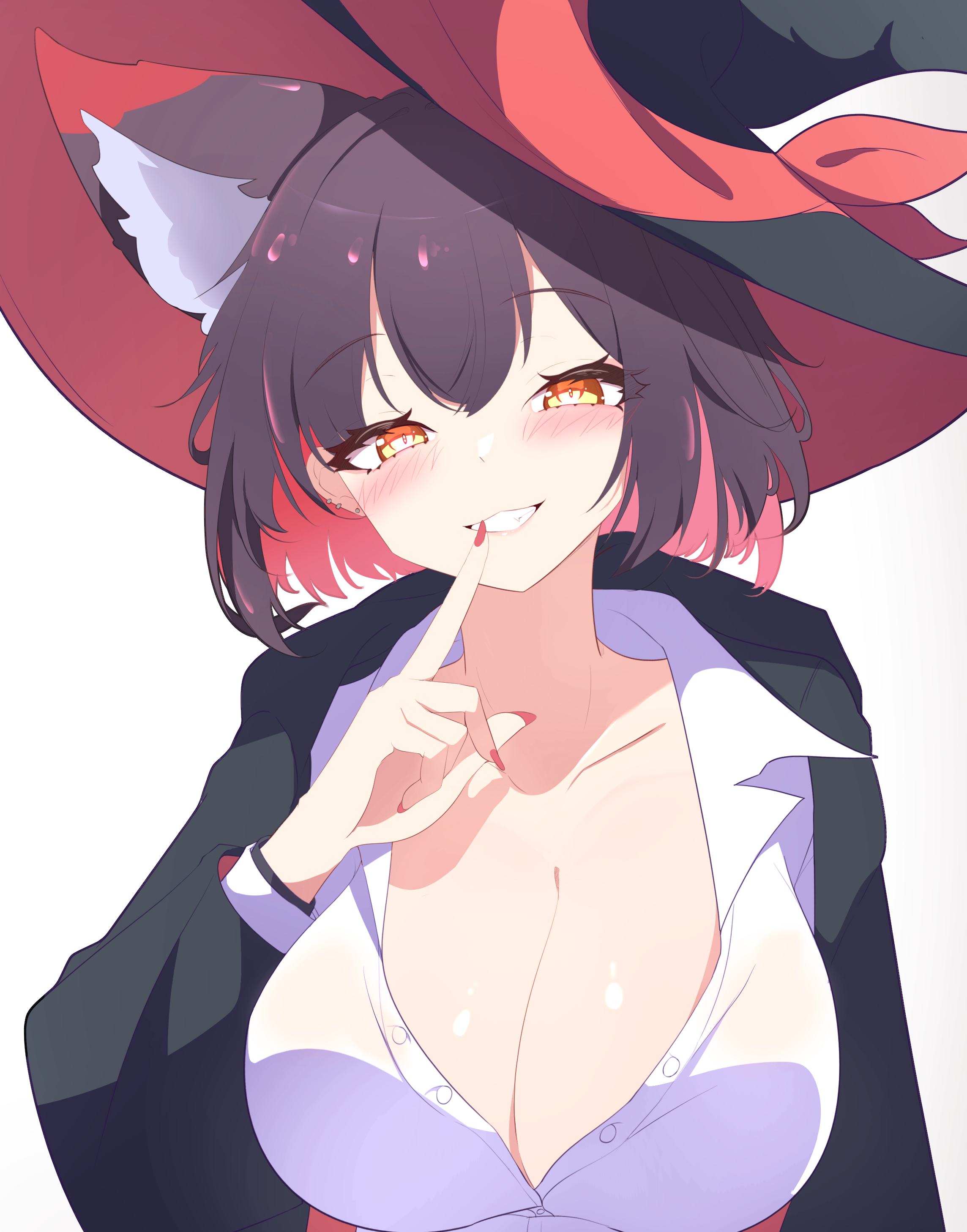 amebrew, eri (blue archive), wakamo (blue archive), blue archive, absurdres, commentary request, highres, 1girl, animal ear fluff, animal ears, black hair, black hat, black jacket, blush, breasts, cleavage, colored inner hair, cosplay, eri (blue archive) (cosplay), fox ears, fox girl, grin, hand up, hat, hat ribbon, index finger raised, jacket, large breasts, looking at viewer, medium hair, multicolored hair, open clothes, open jacket, orange eyes, partially unbuttoned, pink hair, red ribbon, ribbon, smile, solo, upper body, white background, witch hat