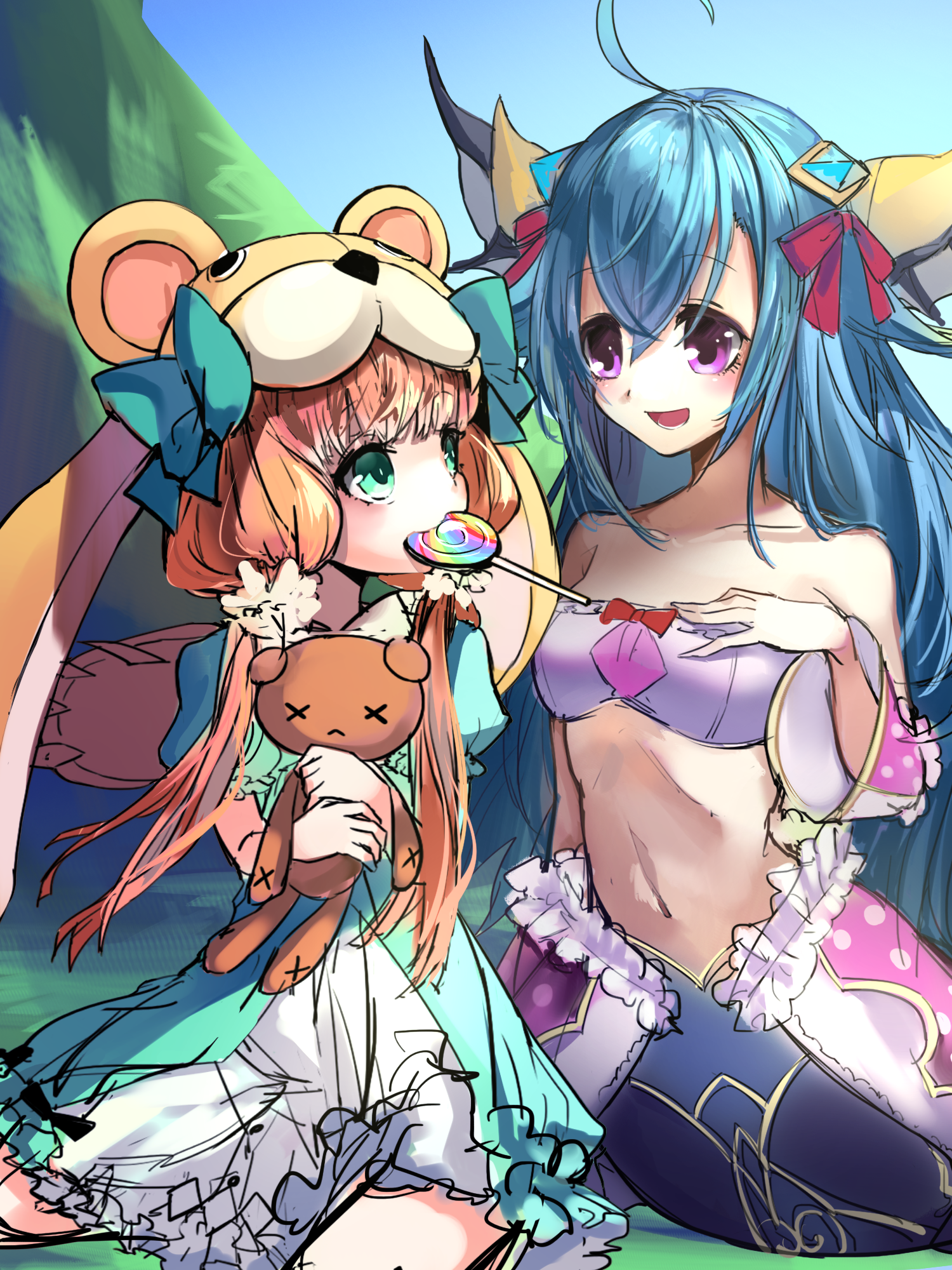 bear alma, lorelei lore, emil chronicle online, highres, 2girls, ahoge, animal hood, bear girl, blonde hair, blue hair, bow flower, breasts, candy, dress, food, food in mouth, frilled dress, frills, green dress, green eyes, green ribbon, hair ribbon, holding, holding stuffed toy, hood, horns, kemogon, long hair, low twintails, mermaid, monster girl, mouth hold, multiple girls, navel, open mouth, purple hair, purple tube top, ribbon, small breasts, strapless, stuffed toy, tube top, twintails, two-tone dress, white dress