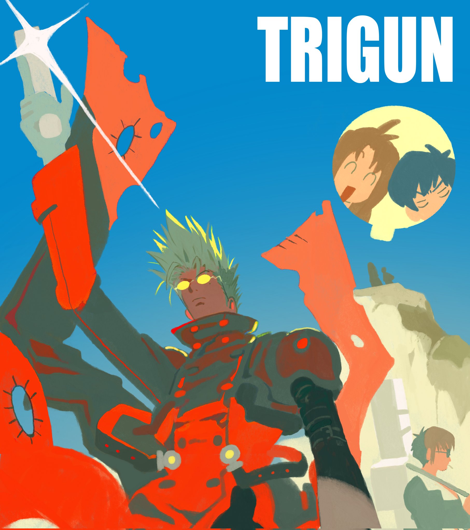 x xinnnnnn, meryl stryfe, milly thompson, nicholas d. wolfwood, vash the stampede, trigun, highres, 2boys, 2girls, black hair, black jacket, blonde hair, blue background, brown hair, coat, collared shirt, copyright name, furrowed brow, gun, holding, holding gun, holding weapon, jacket, long coat, multiple boys, multiple girls, open mouth, outdoors, red coat, round eyewear, shirt, smile, spiked hair, sunglasses, upper body, weapon, white shirt