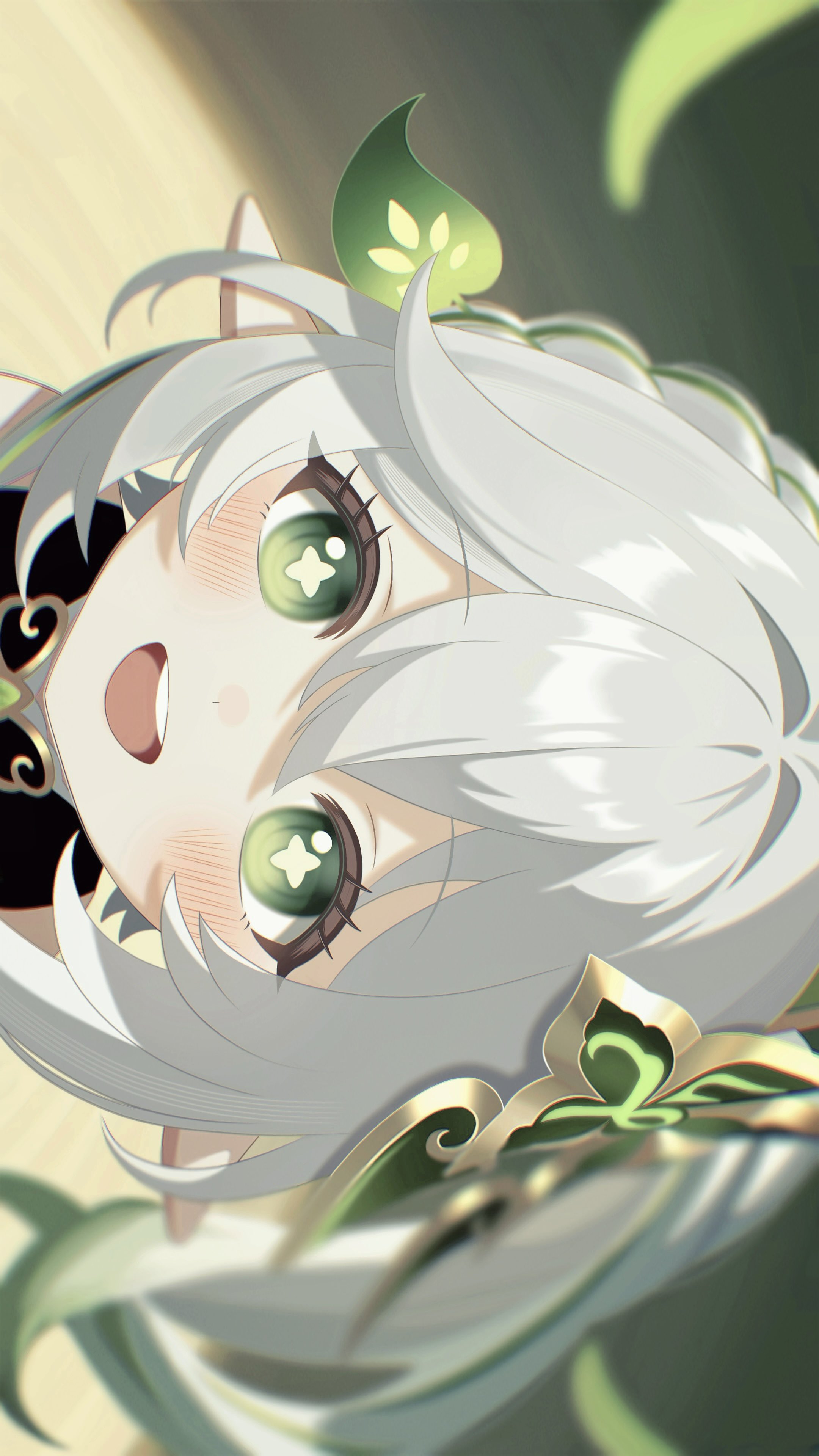 fuminshou (nekopan art), nahida (genshin impact), genshin impact, absurdres, commentary, highres, 1girl, blush, gradient hair, green eyes, green hair, hair between eyes, hair ornament, leaf hair ornament, long hair, looking at viewer, multicolored hair, open mouth, pointy ears, side ponytail, sideways, solo, star-shaped pupils, star (symbol), symbol-shaped pupils, teeth, upper teeth only, white hair