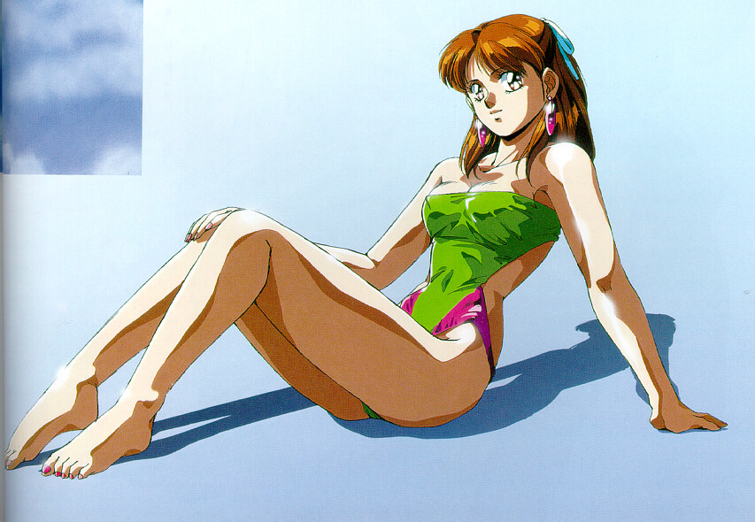 anice farm, chouon senshi borgman, 1980s (style), scan, 1girl, arm support, bare shoulders, barefoot, borgman, brown eyes, brown hair, casual one-piece swimsuit, earrings, female focus, hair ribbon, half updo, jewelry, oldschool, one-piece swimsuit, reclining, retro artstyle, ribbon, shadow, sitting, solo, swimsuit