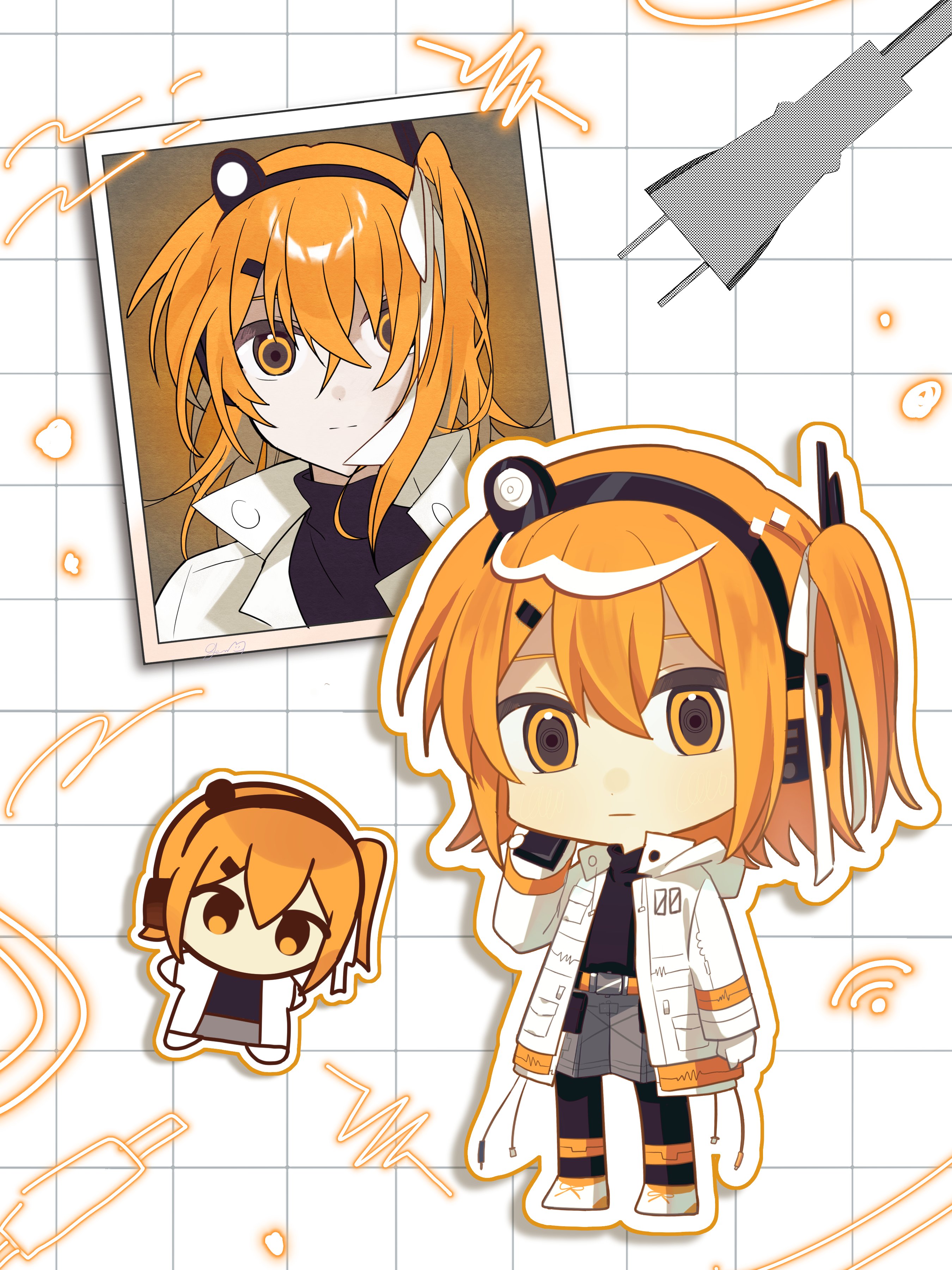 genk1zam4s, adachi rei, a.i. voice, utau, absurdres, commentary, highres, symbol-only commentary, 1girl, arm at side, belt, black pantyhose, black sweater, chibi, closed mouth, collared jacket, double-parted bangs, electric plug, expressionless, full body, gloves, grey shorts, hair between eyes, hair ribbon, headphones, holding, holding phone, jacket, long sleeves, looking at viewer, medium hair, multiple views, one side up, open clothes, open jacket, orange belt, orange eyes, orange hair, outline, pantyhose, phone, photo (object), ribbon, shadow, shoes, shorts, simple background, standing, sweater, turtleneck, turtleneck sweater, white background, white gloves, white jacket, white outline, white ribbon, white shoes