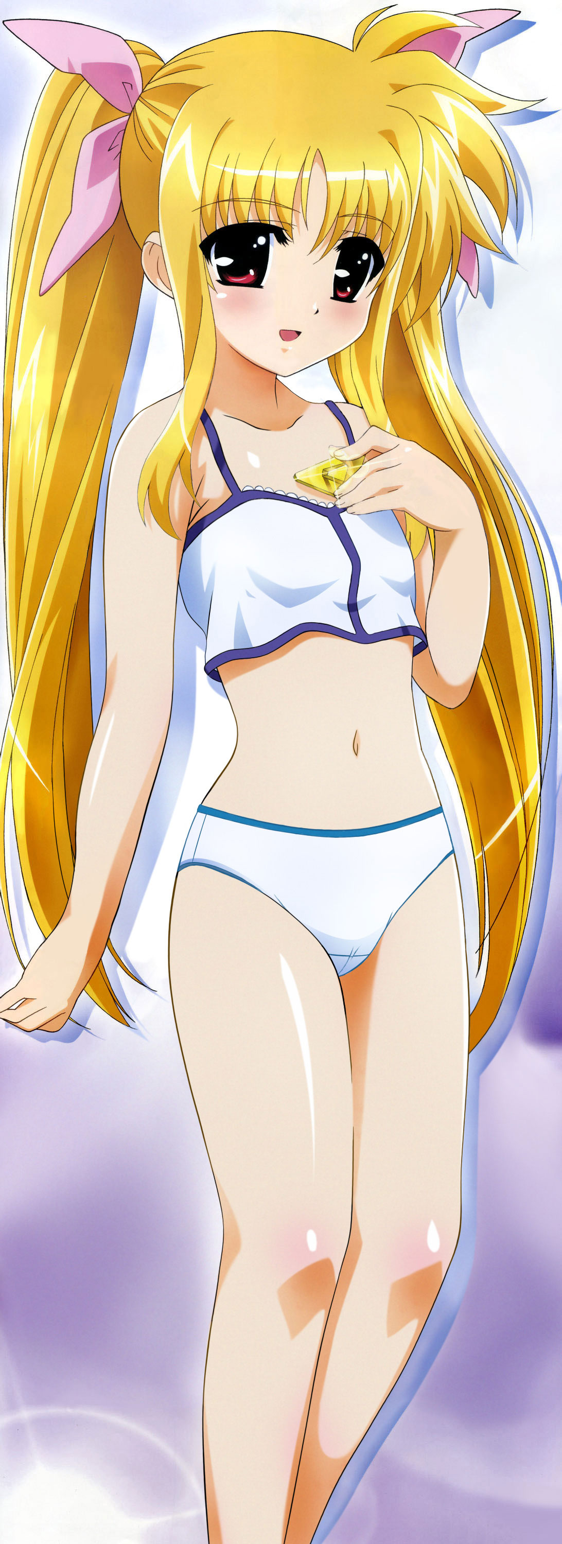 okuda yasuhiro, bardiche (nanoha), bardiche (standby form) (nanoha), fate testarossa, lyrical nanoha, mahou shoujo lyrical nanoha, mahou shoujo lyrical nanoha a's, megami magazine, absurdres, highres, official art, scan, third-party edit, 00s, 1girl, blonde hair, blue panties, blush, camisole, female focus, hair ribbon, long hair, midriff, panties, ribbon, solo, standing, stomach, twintails, underwear, underwear only, very long hair
