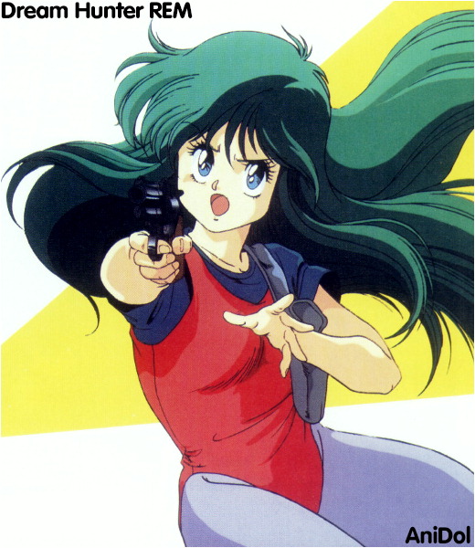 mouri kazuaki, ayanokouji rem, dream hunter rem, 1980s (style), official art, scan, >:o, 1girl, :o, aiming, angry, blue eyes, breasts, copyright name, cowboy shot, english text, female focus, finger on trigger, floating hair, foreshortening, green hair, grey pantyhose, gun, handgun, holding, holding gun, holding weapon, holster, leotard, long hair, oldschool, open mouth, pantyhose, red leotard, retro artstyle, revolver, shirt, short sleeves, simple background, small breasts, solo, spandex, t-shirt, unitard, v-shaped eyebrows, very long hair, weapon, white background, yellow background
