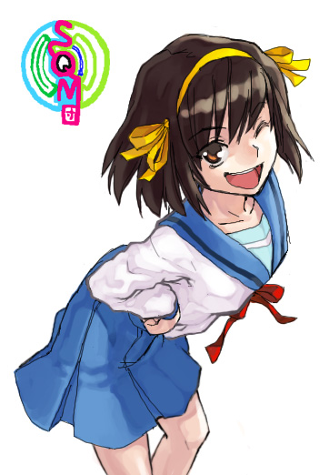 heebee, suzumiya haruhi, suzumiya haruhi no yuuutsu, 00s, 1girl, brown eyes, brown hair, female focus, hair ribbon, leaning forward, looking at viewer, one eye closed, open mouth, ribbon, school uniform, serafuku, short hair, solo