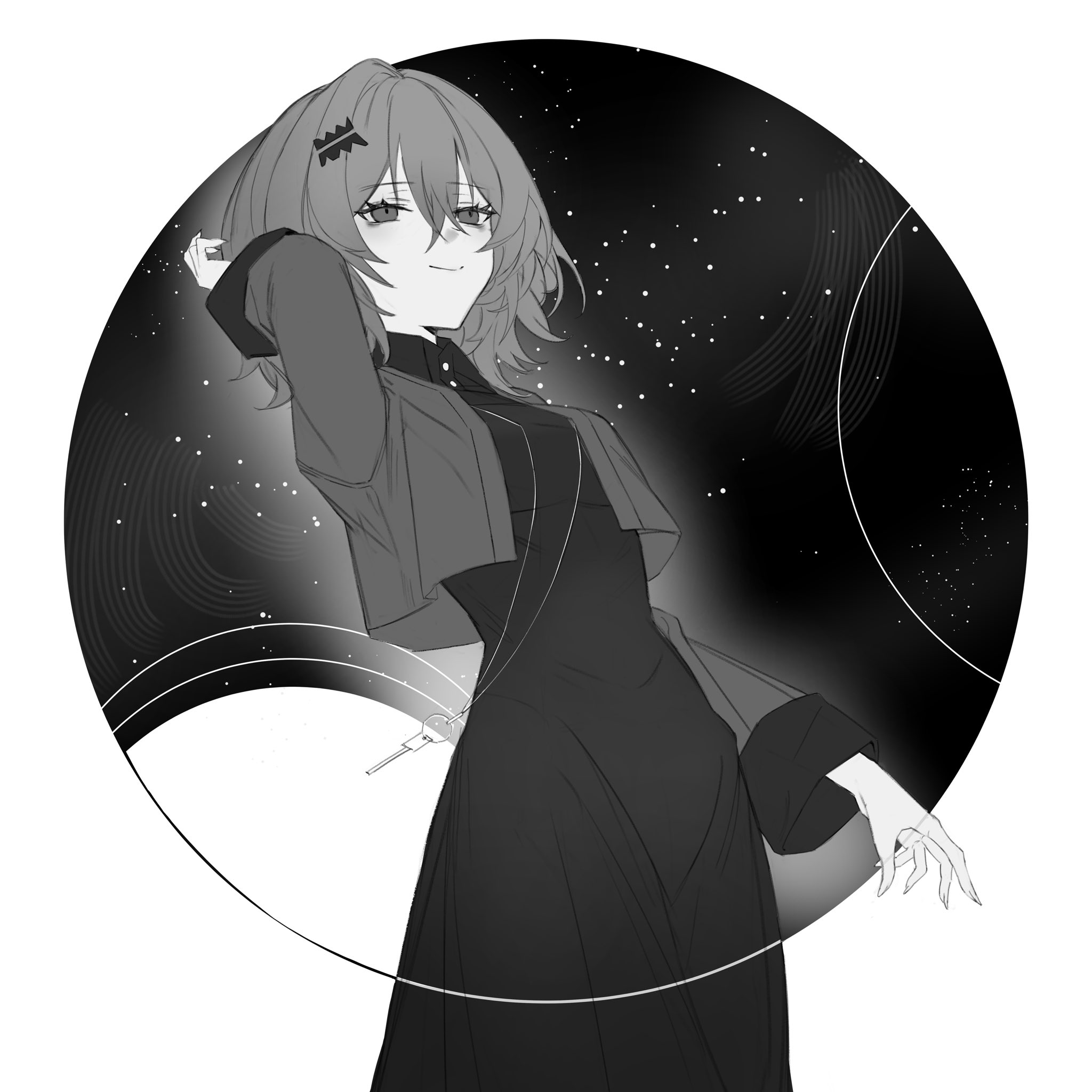 highres, 1girl, arm behind head, closed mouth, collared dress, cropped jacket, dress, greyscale, hair ornament, hand up, ikonu (lavender quartz), jacket, jewelry, key, key necklace, lavender quartz, lavender quartz: kyoukai hyoudou, long dress, long sleeves, looking ahead, medium hair, monochrome, necklace, open clothes, open jacket, outside border, raymon (raym0n ), round image, sleeve cuffs, smile, solo, standing, star (sky), starry sky background