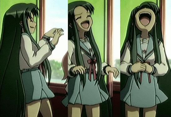 tsuruya, suzumiya haruhi no yuuutsu, animated, animated gif, anime screenshot, 00s, green hair, laughing, long hair, school uniform, serafuku, very long hair