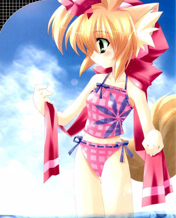 animal ears, bikini, blonde hair, day, dog ears, green eyes, halterneck, pink bikini, solo, swimsuit, tail, tankini