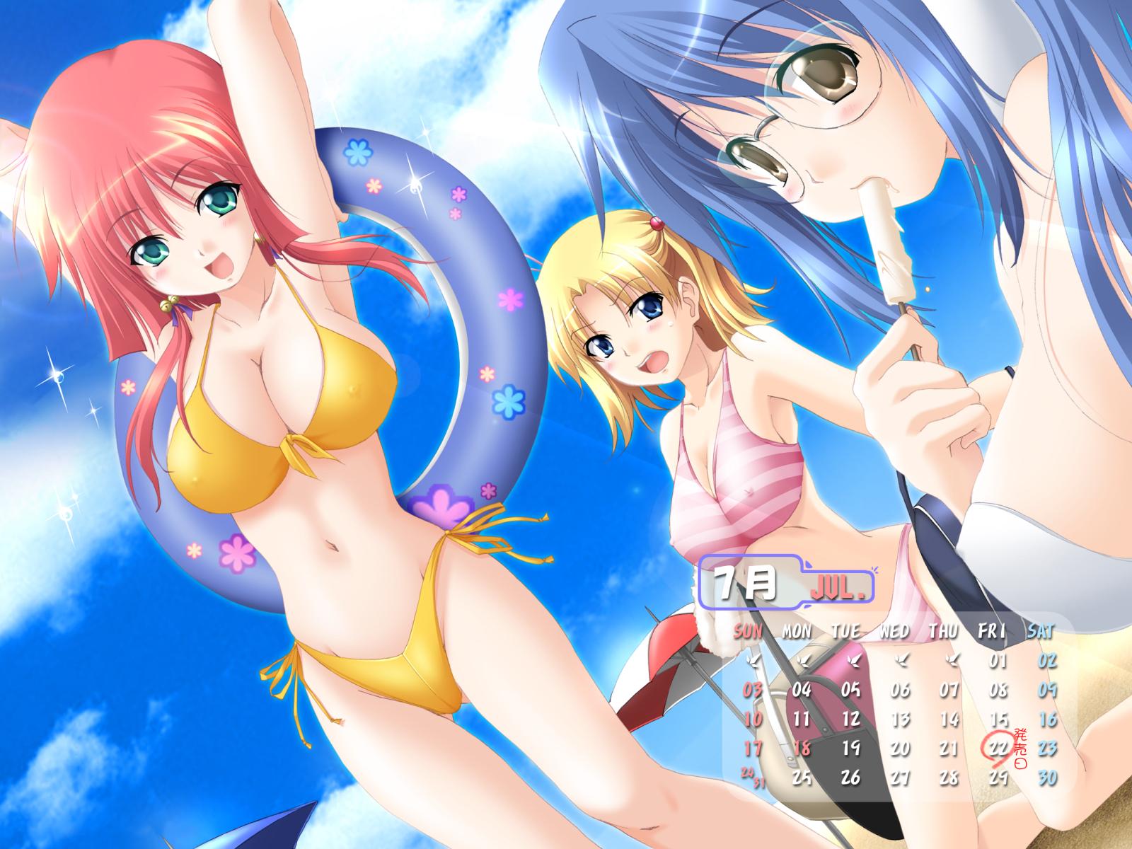 game cg, highres, 3girls, beach, bikini, blonde hair, blue eyes, blue hair, breasts, brown eyes, calendar, cleavage, day, food, glasses, green eyes, innertube, large breasts, multiple girls, one-piece swimsuit, popsicle, red hair, school swimsuit, side-tie bikini bottom, striped bikini, striped clothes, swim ring, swimsuit, umbrella