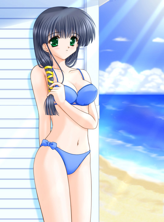 hasebe aya, comic party, 00s, 1girl, beach, bikini, black hair, blue bikini, day, female focus, green eyes, ocean, outdoors, sand, solo, swimsuit, water