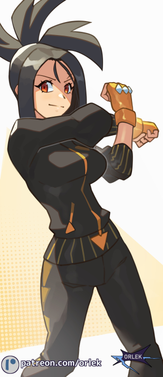 orlek, dendra (pokemon), nintendo, pokemon, pokemon sv, commentary, 1girl, artist name, breasts, closed mouth, eyelashes, fingerless gloves, gloves, jacket, pants, patreon logo, red eyes, smile, solo, split mouth, standing, stretching, watermark, web address