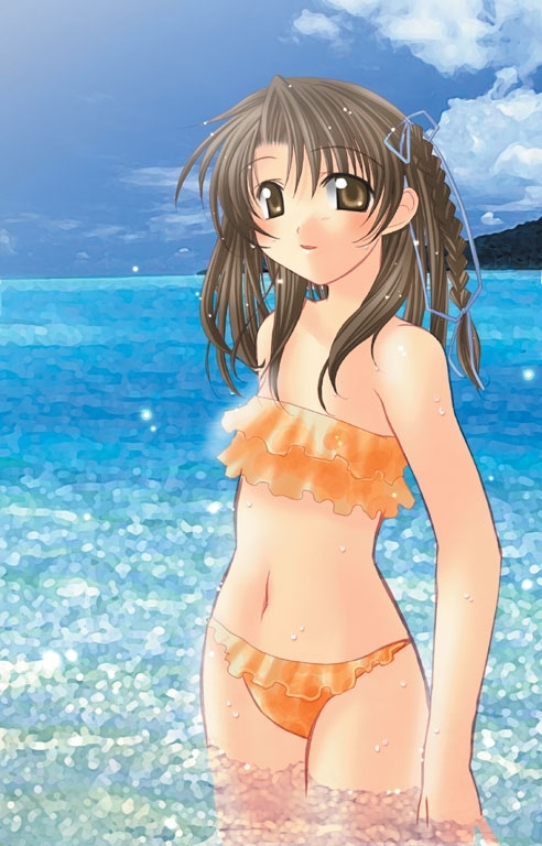 naruse chisato, mermaid no kisetsu, original, 1girl, beach, bikini, braid, brown eyes, brown hair, day, female focus, frilled bikini, frills, orange bikini, outdoors, ruffle bikini, solo, swimsuit, tankini, wading, water