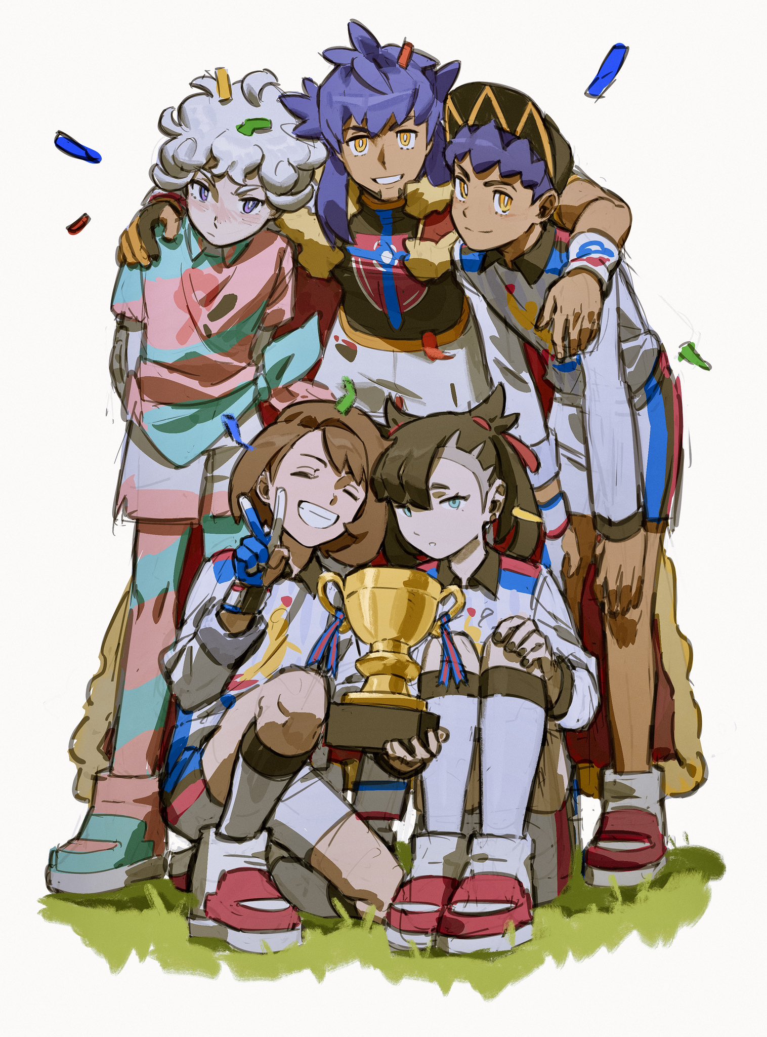 molymes, bede (pokemon), gloria (pokemon), hop (pokemon), leon (pokemon), marnie (pokemon), nintendo, pokemon, pokemon swsh, highres, 2girls, 3boys, bright pupils, brown hair, closed eyes, closed mouth, confetti, curly hair, green eyes, grin, gym challenge uniform, hair ribbon, knees, leggings, multiple boys, multiple girls, on one knee, print shirt, print shorts, purple eyes, purple hair, ribbon, shirt, shoes, short hair, shorts, smile, socks, standing, teeth, trophy, v, white pupils, yellow eyes