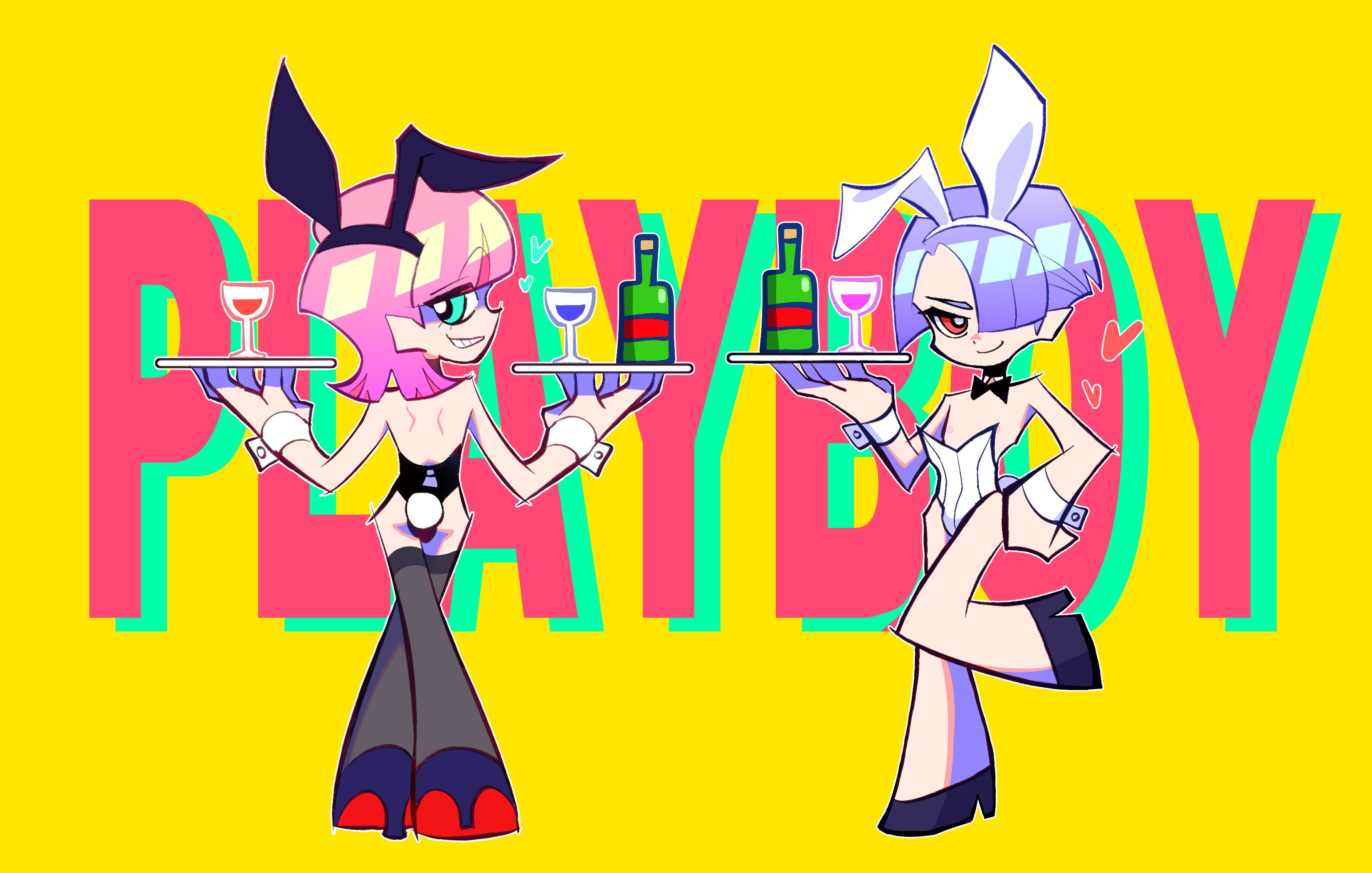 ray5green, polyester (psg), polyurethane (psg), panty & stocking with garterbelt, absurdres, highres, 2boys, animal ears, black leotard, brothers, closed mouth, crossdressing, crossdressing (mtf), deformed, detached collar, fake animal ears, girly boy, green eyes, grin, highleg, highleg leotard, leotard, multiple boys, playboy bunny, rabbit ears, rabbit tail, red eyes, siblings, smile, strapless, strapless leotard, tail, thighhighs, white leotard, wrist cuffs