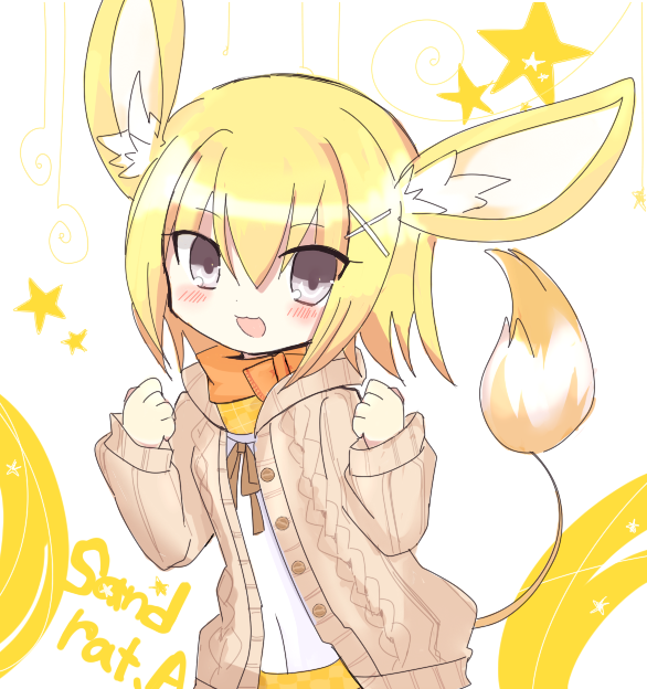 emil chronicle online, 1girl, animal ears, blonde hair, brown jacket, character name, grey eyes, hair ornament, hairclip, jacket, mmi, mouse ears, mouse girl, mouse tail, open mouth, orange scarf, sandrat alma, scarf, shirt, solo, tail, upper body, white background, white shirt