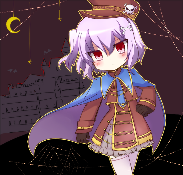 skeleton shooter alma, emil chronicle online, 1girl, blue cloak, brown coat, brown gloves, brown hat, cloak, coat, gloves, grey skirt, hair ornament, hairclip, hat, mmi, purple hair, red eyes, side ponytail, silk, skirt, solo, spider web