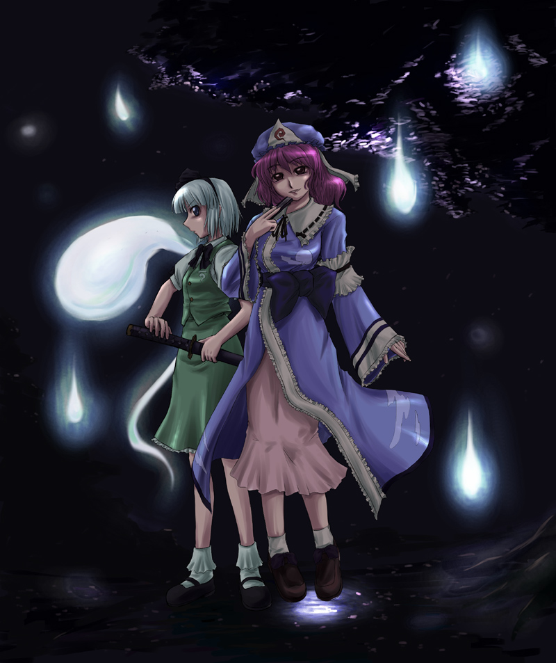 yaji (kitizoto), konpaku youmu, konpaku youmu (ghost), saigyouji yuyuko, touhou, silver hair, white legwear, 2girls, blue dress, bow, bowtie, dress, expressionless, female focus, ghost, green skirt, hairband, hat, japanese clothes, mary janes, mob cap, multiple girls, parted lips, pink hair, scabbard, sheath, shoes, short hair, skirt, socks, sword, triangular headpiece, unsheathing, vest, weapon