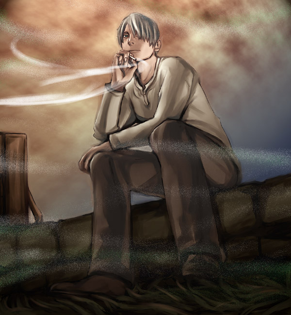 ginko (mushishi), mushishi, 1boy, cigarette, hair over one eye, male focus, smoking, solo
