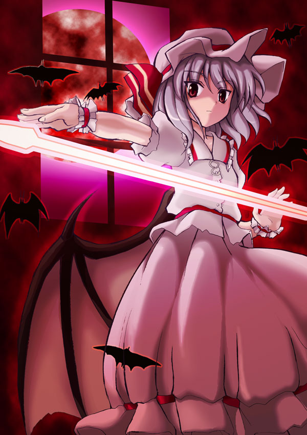 tilm, remilia scarlet, touhou, light purple hair, 1girl, bat (animal), bat wings, female focus, full moon, hat, hat ribbon, moon, red eyes, red moon, ribbon, short hair, solo, spear the gungnir, weapon, wings, wrist cuffs