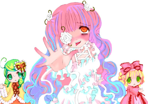 hinaichigo, kanaria, kirakishou, hare hare yukai, rozen maiden, suzumiya haruhi no yuuutsu, lowres, 3girls, ahegao, blonde hair, bow, flower eyepatch, multiple girls, parody, pink bow
