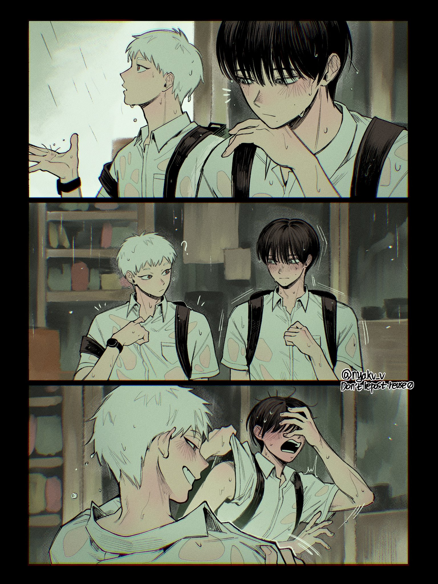 indou hikaru, tsujinaka yoshiki, hikaru ga shinda natsu, highres, 2boys, adjusting clothes, backpack, bag, black border, black hair, blush, border, collared shirt, grin, hair between eyes, hand on own face, looking at another, male focus, mole, mole on cheek, mole under eye, mole under mouth, multiple boys, nyakv v, parted lips, rain, school uniform, shirt, short hair, smile, sweatdrop, twitter username, watch, wet, wet clothes, wet shirt, white hair, white shirt, wristwatch, yaoi