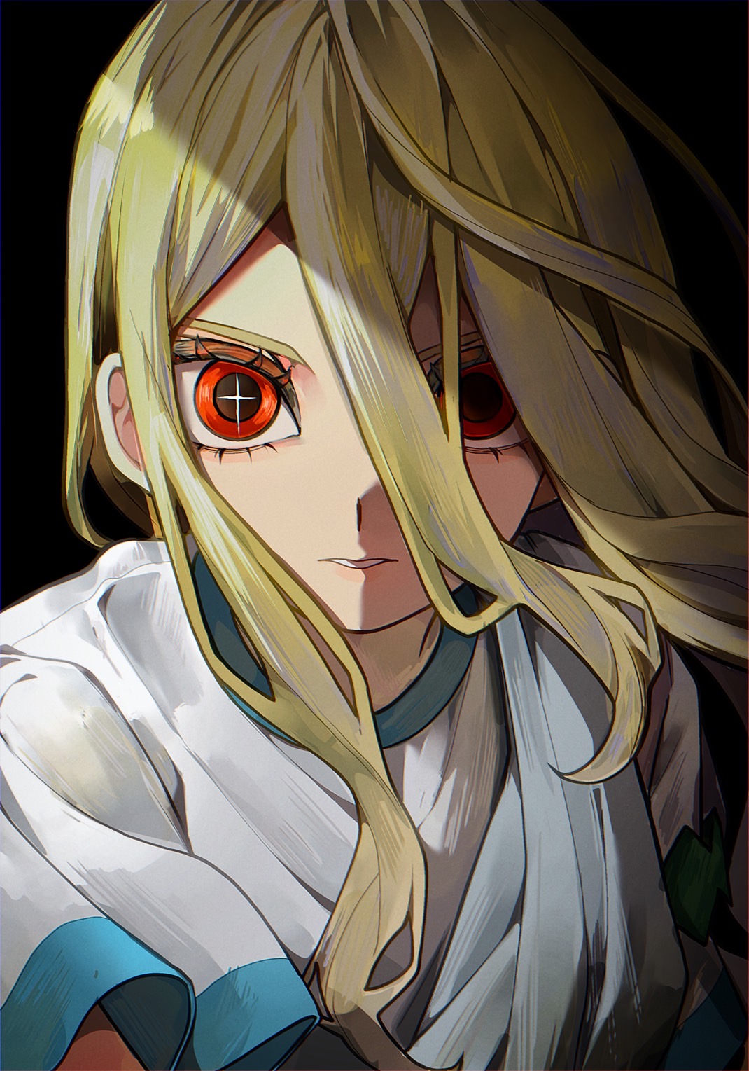 dame!, afuro terumi, inazuma eleven, inazuma eleven (series), commentary, highres, symbol-only commentary, 1boy, androgynous, black background, double-parted bangs, eyelashes, floating hair, hair between eyes, long hair, looking at viewer, male focus, parted lips, red eyes, short sleeves, simple background, solo, staring, teeth, tunic, upper body, white tunic