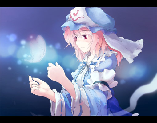 yukitarou (awamori), saigyouji yuyuko, touhou, 1girl, blue background, blue hat, bug, butterfly, female focus, frown, hat, insect, letterboxed, mob cap, solo, triangular headpiece
