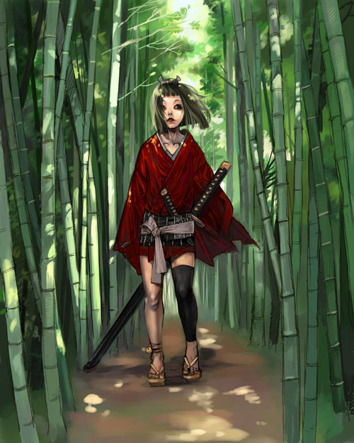 agasang, original, 1girl, asymmetrical clothes, bamboo, bamboo forest, black hair, blunt bangs, female focus, forest, geta, japanese clothes, katana, lipstick, makeup, nature, ninja, short hair, solo, sword, weapon