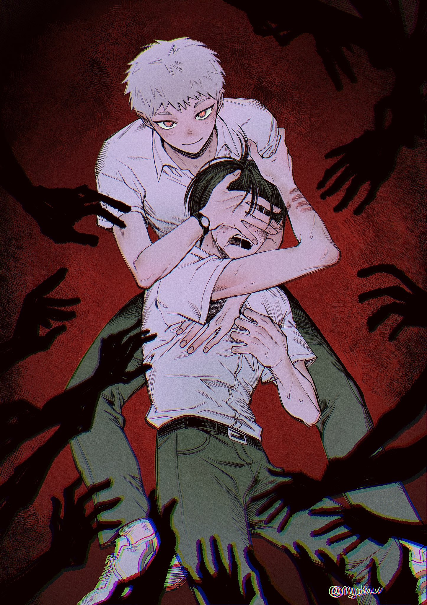 indou hikaru, tsujinaka yoshiki, hikaru ga shinda natsu, highres, 2boys, arm around neck, black hair, collared shirt, demon boy, disembodied hand, grey pants, hair between eyes, hand over another's eyes, holding another's arm, male focus, multiple boys, nyakv v, open mouth, orange eyes, pants, red background, saliva, shirt, shoes, short hair, smile, twintails, watch, white hair, white shirt, white shoes, wristwatch, yaoi
