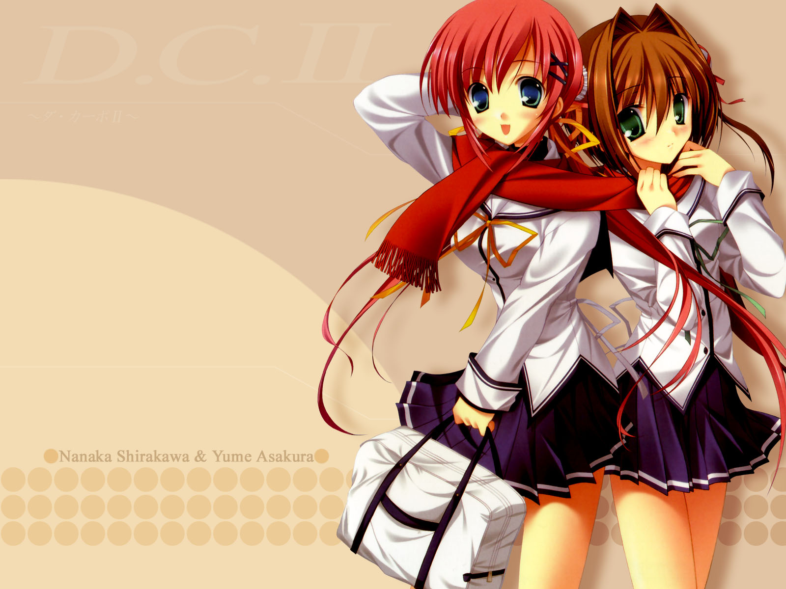 tanihara natsuki, yaegashi nan, asakura yume, shirakawa nanaka, da capo, da capo ii, highres, 00s, 2girls, multiple girls, red hair, school uniform, serafuku