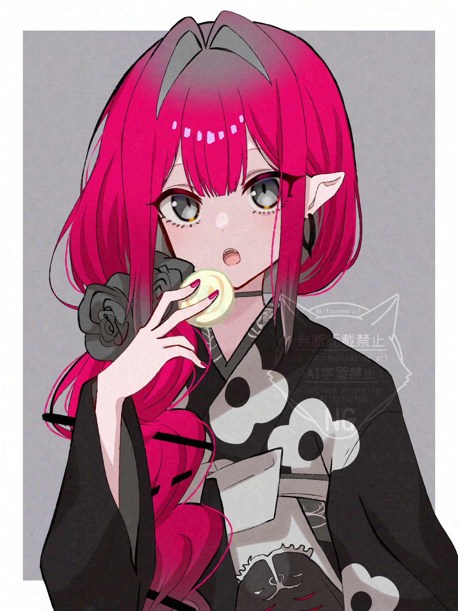 tanutika, baobhan sith (fate), cernunnos (fate), fate/grand order, fate (series), highres, 1girl, baobhan sith (over the same sky) (fate), black kimono, breasts, earrings, floral print, food, full body, grey eyes, japanese clothes, jewelry, kimono, long hair, long sleeves, looking at viewer, medium breasts, obi, open mouth, pink hair, pointy ears, sash, sidelocks, solo, stuffed toy, wide sleeves