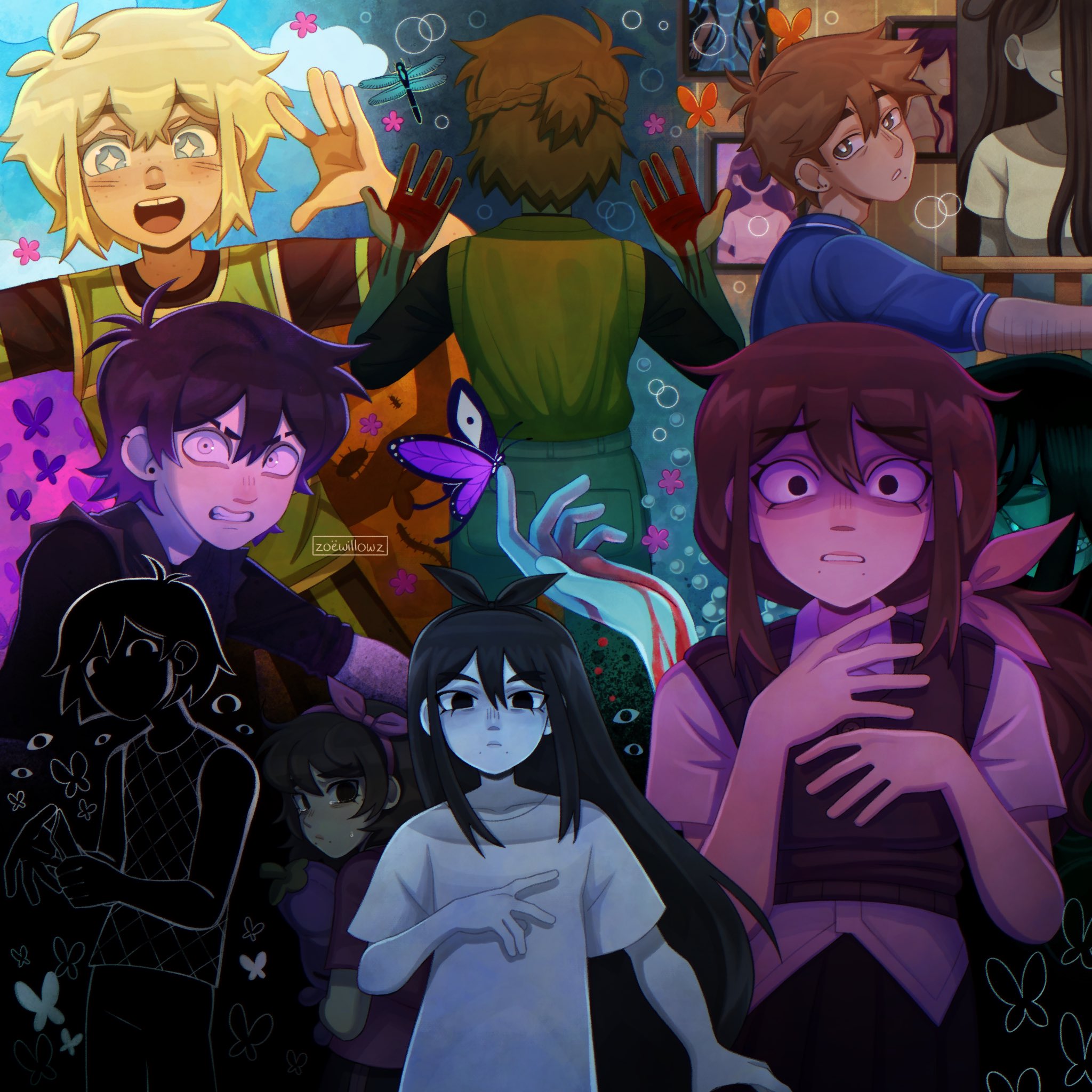 aubrey (faraway) (omori), aubrey (omori), basil (faraway) (omori), basil (omori), hero (faraway) (omori), hero (omori), kel (faraway) (omori), kel (omori), mari (omori), mari (spirit) (omori), mr. plantegg (omori), something (omori), stranger (omori), sunny (omori), omori, commentary, english commentary, highres, + +, 4boys, 4girls, :d, air bubble, alternate universe, angry, antenna hair, artist name, black eyes, black hair, black shirt, black sweater vest, blonde hair, blood, blood on hands, blue eyes, blue shirt, blue sky, bow, bow hairband, braid, bright pupils, brothers, brown hair, bubble, bug, butterfly, butterfly on hand, clenched teeth, cloud, collared shirt, crying, crying with eyes open, dark-skinned male, dark skin, double-parted bangs, empty eyes, flower, gift art, green tank top, hair between eyes, hair bow, hair flaps, hairband, hands up, holding, holding stuffed toy, insect, looking at viewer, looking back, low ponytail, mole, mole under mouth, multiple boys, multiple girls, no pupils, official alternate eye color, open mouth, orange sweater vest, pants, pink bow, pink flower, pink hairband, pink shirt, ponytail, portrait (object), purple butterfly, raised inner eyebrows, scared, self-harm, shaded face, shirt, short hair, short ponytail, short sleeves, siblings, sidelocks, sky, smile, straight hair, stuffed eggplant, stuffed toy, sweater vest, tank top, tears, teeth, tongue, upper teeth only, v-shaped eyebrows, waving, white butterfly, white eyes, white pants, white pupils, white shirt, wide-eyed, zoewillowz