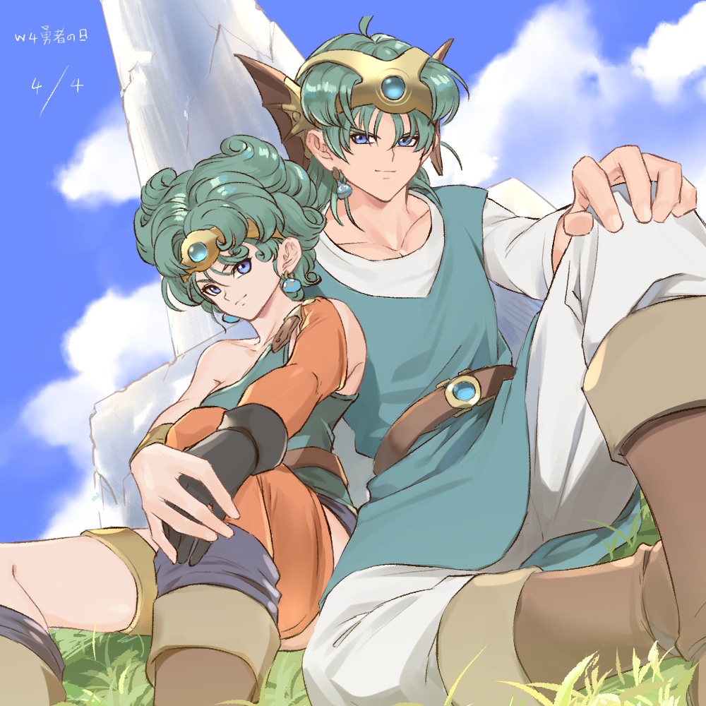makuramuika, hero (dq4), heroine (dq4), slime (dragon quest), dragon quest, dragon quest iv, 1boy, 1girl, aqua tunic, black gloves, blue eyes, blue gemstone, boots, breasts, brown boots, circlet, cloud, cloudy sky, curly hair, dated, earrings, forehead protector, gem, gloves, grass, green hair, hair between eyes, hand on own knee, jewelry, light smile, medium breasts, medium hair, orange sleeves, orange thighhighs, pants, shirt, short hair, single bare shoulder, single earring, single glove, single sleeve, single thighhigh, sitting, sky, thighhighs, tunic, white pants, white shirt
