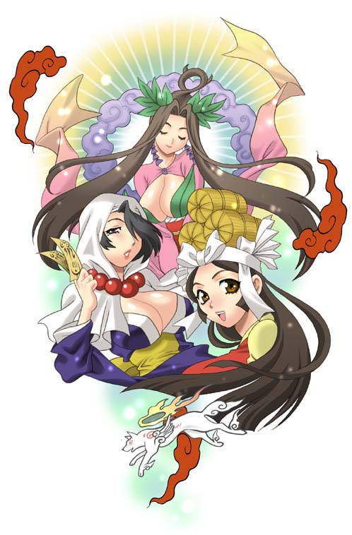 yukiyanagi, amaterasu (ookami), kushi, rao, sakuya (ookami), tsuzurao, ookami (game), 3girls, black hair, breasts, brown hair, cleavage, closed eyes, earrings, jewelry, large breasts, long hair, long sleeves, multiple girls, short hair