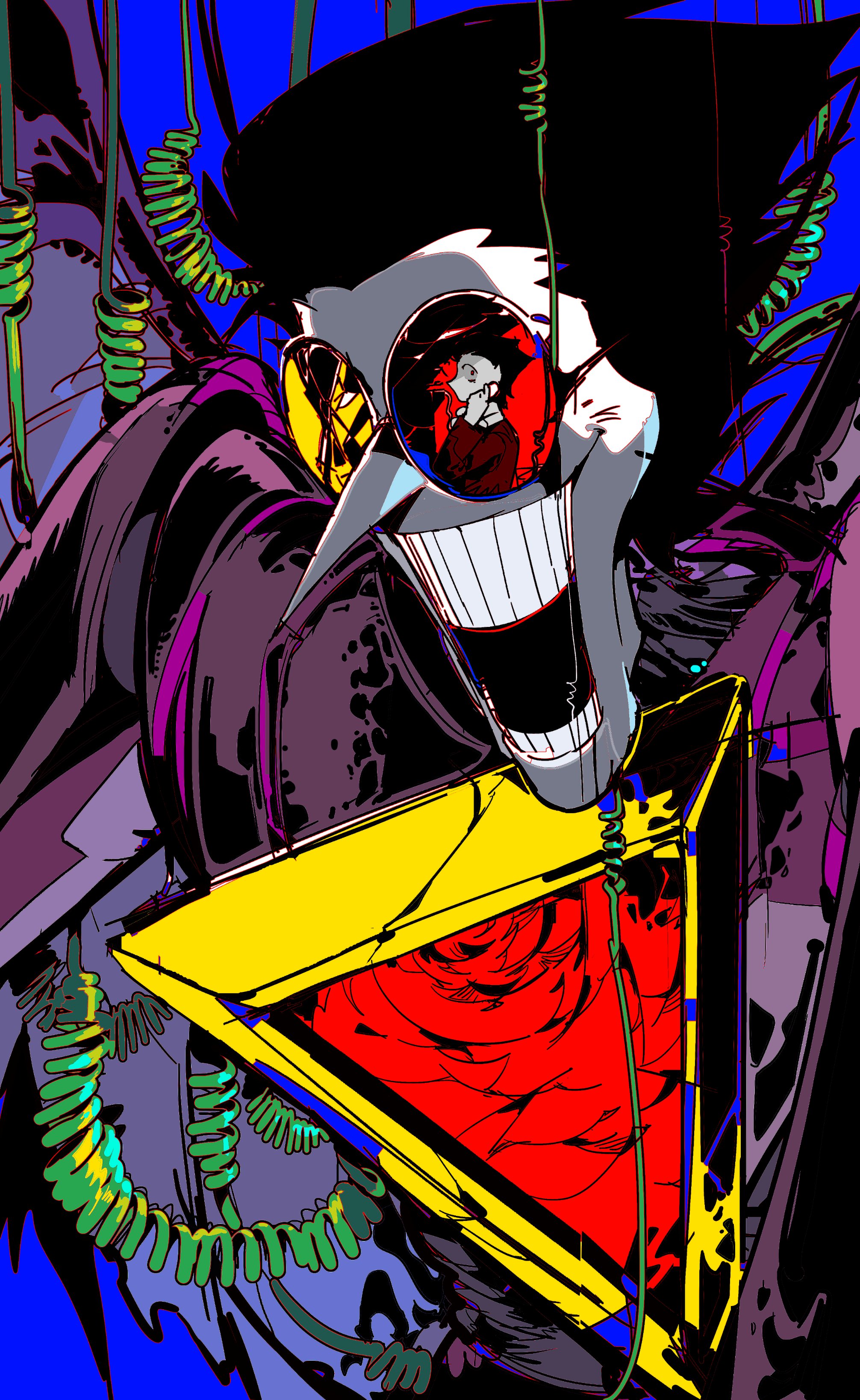 spamton g. spamton, spamton neo, deltarune, utdr (toby fox), absurdres, highres, 1boy, big nose, black hair, blood, cable, colored skin, corded phone, eankbi1yevm7u, formal clothes, grin, hair slicked back, heterochromatic eyewear, horror (theme), humanoid robot, jacket, long nose, looking at viewer, male focus, mechabare, mechanical wings, multiple boys, open mouth, phone, pointy nose, reflection, robot, round eyewear, shirt, short hair, smile, solo, spiked hair, suit, sunglasses, teeth, tinted eyewear, white hair, white skin, wings, yellow eyes