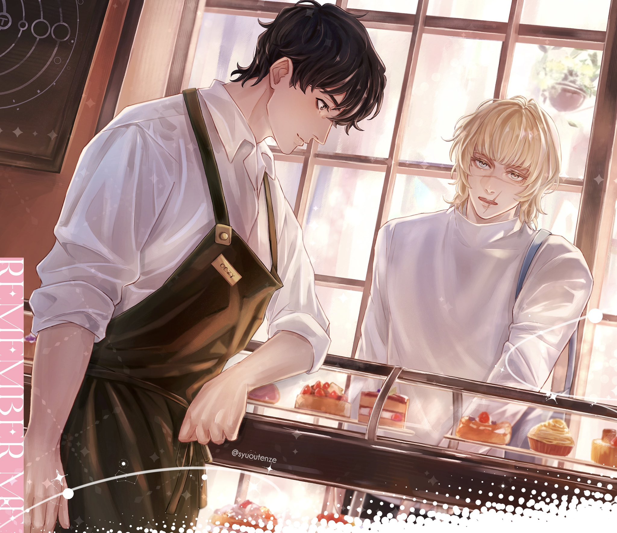 badeni, oczy, chi.: chikyuu no undou ni tsuite, highres, 2boys, alternate universe, apron, bag, bakery, black apron, black hair, blonde hair, collared shirt, contemporary, dessert, food, hair between eyes, indoors, light smile, medium hair, multiple boys, open mouth, scar, scar on face, scar on mouth, scar on nose, shirt, shop, short hair, shoulder bag, sleeves rolled up, sweater, syuoutenze, twitter username, white shirt, white sweater, window