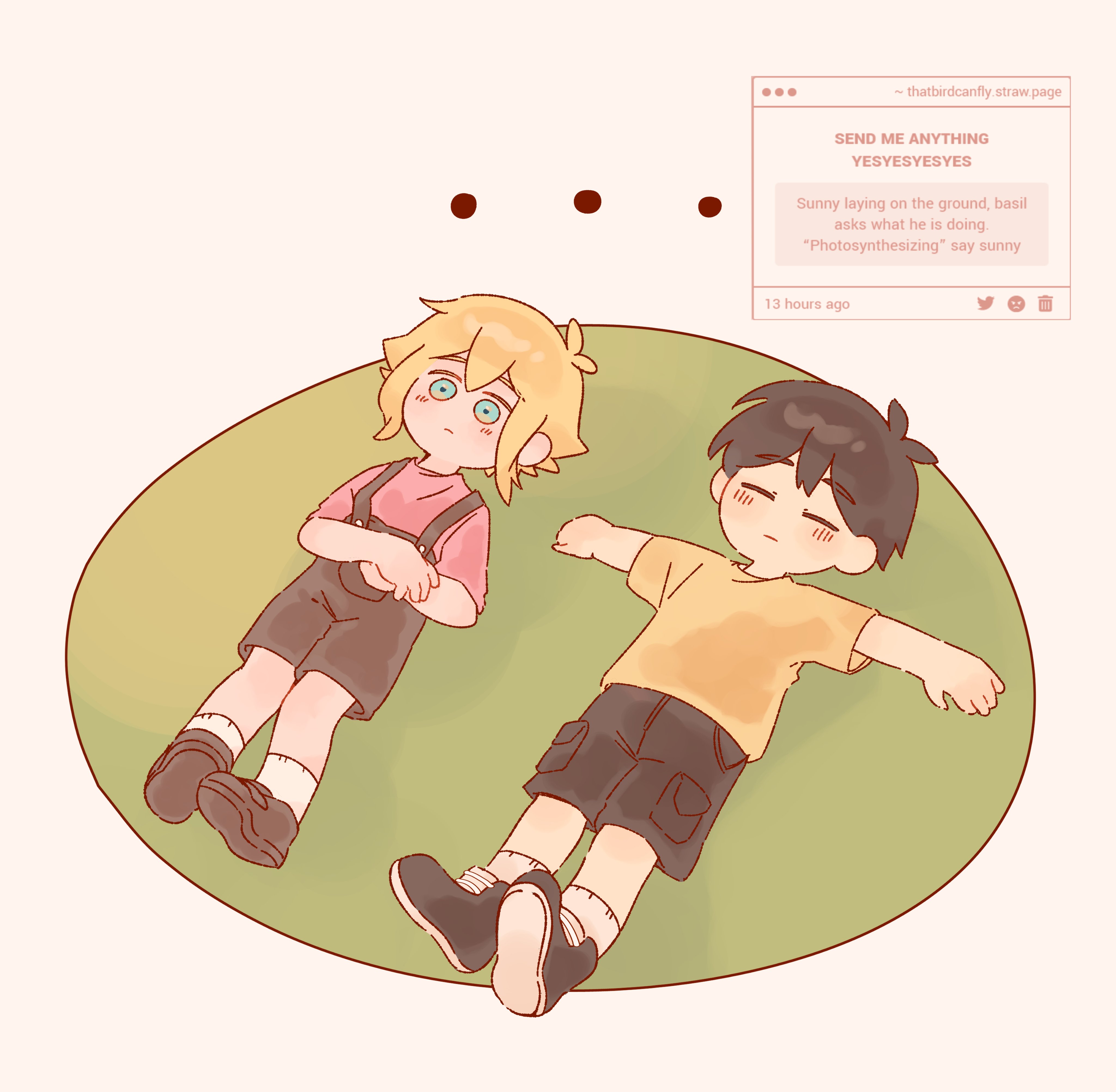 thatbirdcanfly, basil (faraway) (omori), basil (omori), sunny (omori), omori, absurdres, highres, …, 2boys, aged down, alternate costume, antenna hair, black hair, black shoes, black shorts, blonde hair, blue eyes, blush, brown overalls, brown shoes, closed eyes, closed mouth, english text, lying, male focus, multiple boys, on back, outstretched arms, overall shorts, overalls, pink shirt, shirt, shoes, short hair, short sleeves, shorts, sidelocks, sneakers, socks, spread arms, strawpage, t-shirt, white socks, yellow shirt