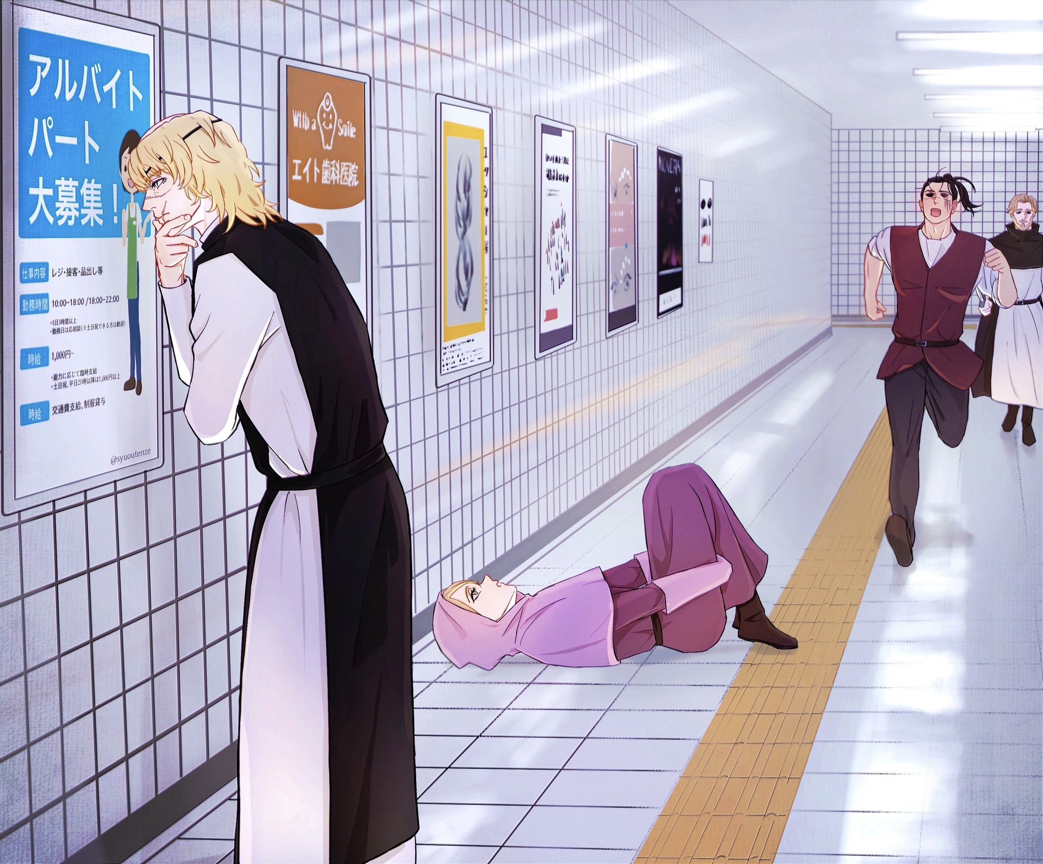 badeni, jolenta, oczy, chi.: chikyuu no undou ni tsuite, the exit 8, highres, 1girl, 3boys, beard, black cloak, black pants, black tabard, blonde hair, boots, brown boots, brown dress, brown vest, capelet, clenched hands, cloak, crossed arms, dress, eyepatch, facial hair, hand on own chin, hood, hood up, hooded capelet, hugging own legs, long hair, looking at sign, lying, messy hair, multiple boys, nowak (chi.), on back, pants, partially shaded face, pink capelet, robe, running, scar, scar on face, scar on mouth, scar on nose, shirt, short hair, subway, syuoutenze, tabard, time paradox, tonsure, vest, white robe, white shirt