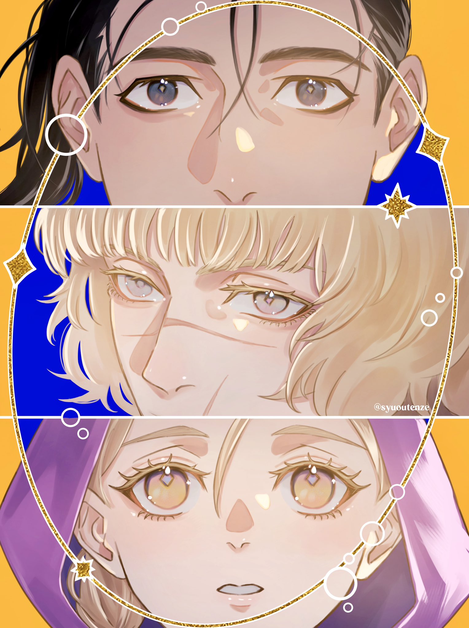 badeni, jolenta, oczy, chi.: chikyuu no undou ni tsuite, highres, 1girl, 2boys, black hair, blonde hair, border, braid, grey eyes, hair between eyes, hood, hood up, looking at viewer, multiple boys, orange border, parted lips, pink hood, scar, scar on face, scar on mouth, scar on nose, single braid, syuoutenze, twitter username, yellow eyes