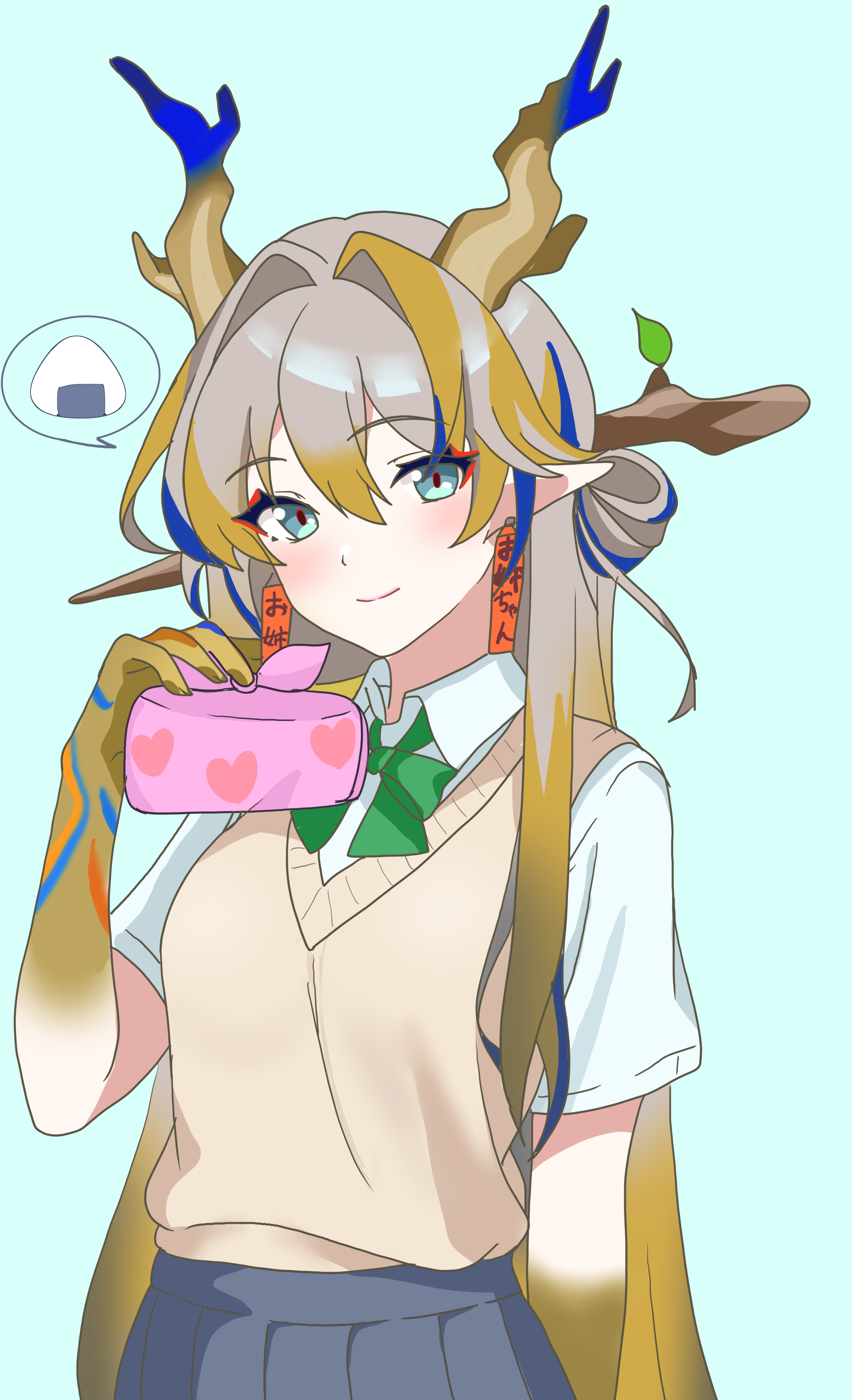 eggplant7217, nanjou yoshino, shu (arknights), arknights, love live!, love live! school idol project, absurdres, commentary request, highres, 1girl, blonde hair, blue background, blue hair, blue skirt, bow, bowtie, brown sweater vest, diagonal-striped bow, diagonal-striped bowtie, diagonal-striped clothes, dragon girl, dragon horns, dress shirt, earrings, eyeliner, food, green bow, green bowtie, grey hair, hair between eyes, holding bento, horns, jewelry, long hair, looking at viewer, makeup, multicolored hair, onigiri, orange eyeliner, orange pupils, otonokizaka school uniform, pleated skirt, pointy ears, school uniform, shirt, simple background, skirt, smile, solo, spoken food, striped bow, striped bowtie, striped clothes, sweater vest, tassel, tassel earrings, upper body, voice actor connection, white shirt, wrapped bento, yellow hands