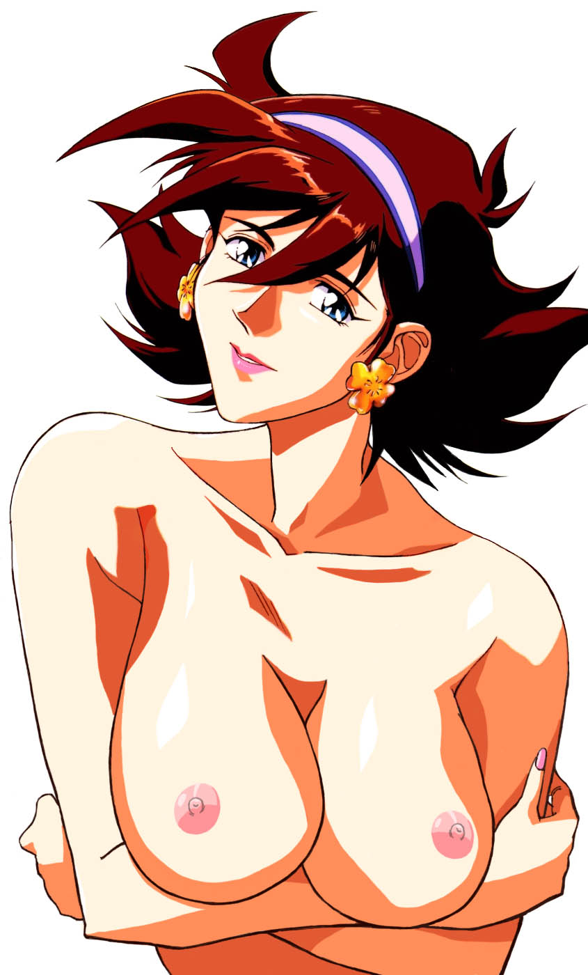 rain mikamura, g gundam, gundam, breast hold, highres, nude filter, third-party edit, 1990s (style), 1girl, blue eyes, breasts, brown hair, clover, completely nude, earrings, female focus, fingernails, four-leaf clover, grin, hair between eyes, hairband, head tilt, jewelry, lipstick, long fingernails, looking at viewer, makeup, nail polish, nipples, nude, retro artstyle, short hair, simple background, smile, solo, upper body, white background