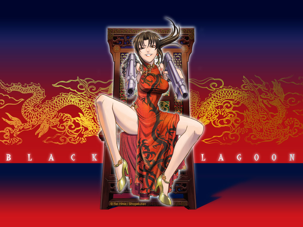 hiroe rei, revy (black lagoon), black lagoon, official art, 00s, 1girl, beretta 92, china dress, chinese clothes, clothes between thighs, dress, dual wielding, female focus, from below, full body, gun, handgun, hands on own hips, high heels, holding, legs, no panties, pistol, shoes, sitting, solo, weapon