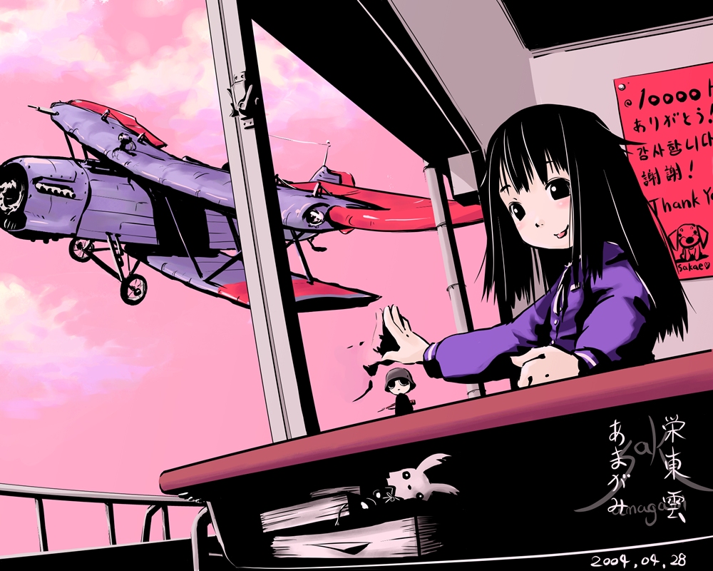 sakaetoun, original, 1girl, :p, aircraft, airplane, black eyes, black hair, blush, female focus, glass, helmet, long hair, long sleeves, poster (object), propeller, railing, reflection, solo, standing, tongue, tongue out, tower