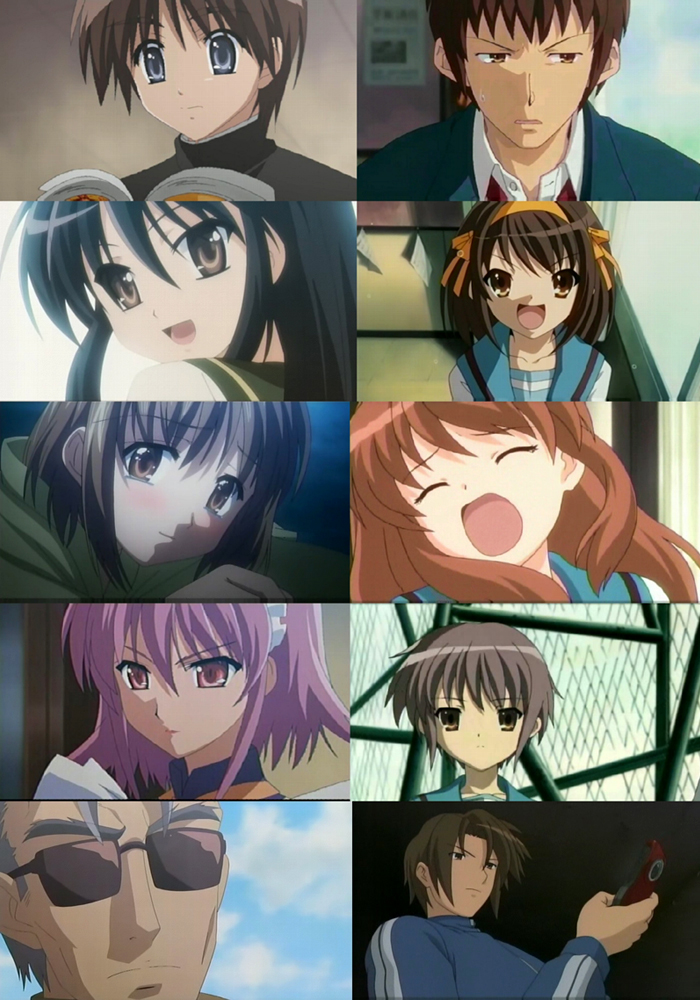 asahina mikuru, koizumi itsuki, kyon, margery daw, nagato yuki, sakai yuuji, shana, suzumiya haruhi, wilhelmina carmel, yoshida kazumi, shakugan no shana, suzumiya haruhi no yuuutsu, looking away, anime screenshot, 00s, 2boys, 6+girls, blush, book, brown eyes, brown hair, closed eyes, comparison, desk, grey hair, hairband, indoors, multiple boys, multiple girls, open book, open mouth, orange hair, phone, portrait, purple hair, reading, school, school desk, school uniform, serafuku, short hair, sunglasses, upper body, wince