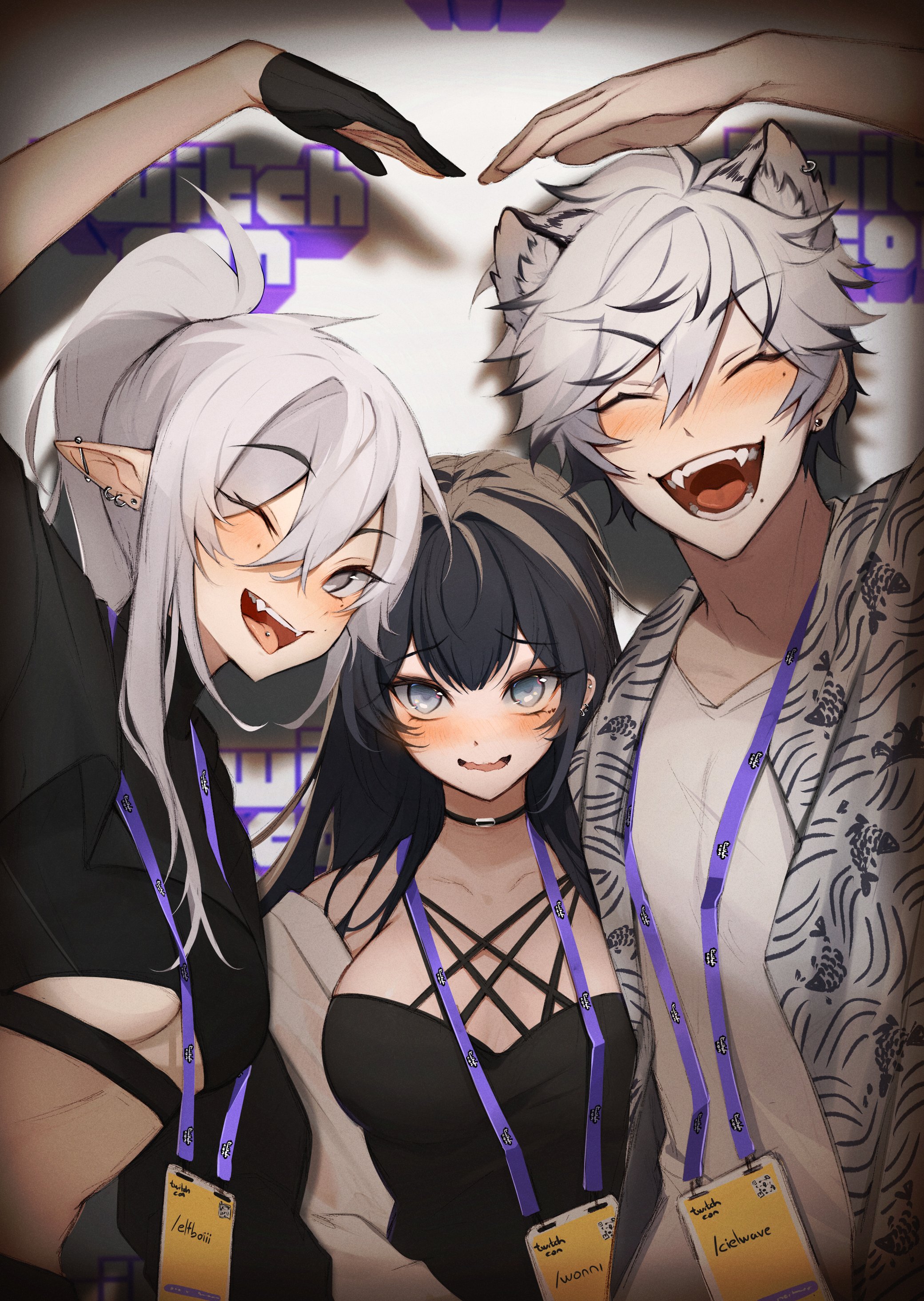 elfboiii, original, twitch.tv, absurdres, character request, commentary, english commentary, highres, 1boy, 2girls, ;d, animal print, black gloves, black hair, blue eyes, blush, breasts, closed eyes, collared halterneck, colored tips, crossed bangs, drop shadow, fangs, fish print, gloves, grey eyes, hair between eyes, heart arms, heart arms duo, high ponytail, id card, jacket, jacket partially removed, koi, looking at viewer, multicolored hair, multiple girls, one eye closed, open mouth, partially fingerless gloves, ponytail, shirt, sidelocks, smile, spotlight, stomach, toned, toned female, twitch logo, underboob, upper body, white hair, white jacket, white shirt